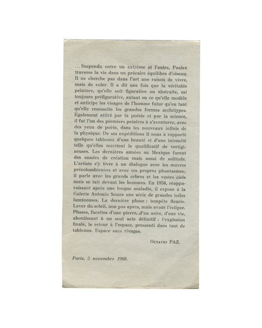 Reverse of 1960 Wolfgang Paalen 'En Hommage' insert showing an elegiac French text by Octavio Paz, dated Paris, 5 novembre 1960, describing Paalen's practice as suspended between extremes, moving between poetry, science, pre-Columbian culture, and abstraction, closing with the phrase 'Espace sans rivages'.