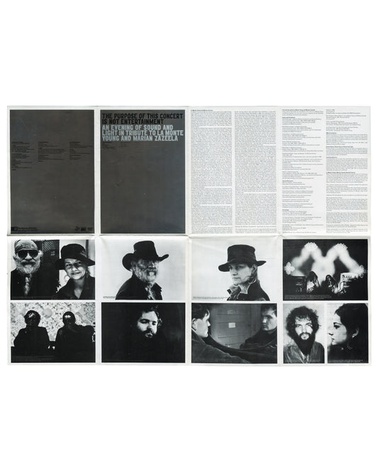 Original 1997 La Monte Young and Marian Zazeela concert programme, The Purpose of This Concert Is Not Entertainment, Barbican Centre, London. Interior spread showing monochrome essays, photographic portraits and performance details unfolded to 42 × 60 cm.