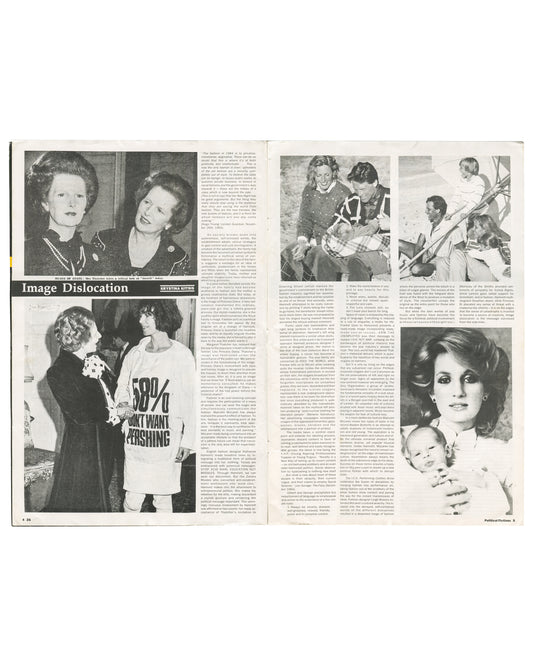 Interior spread, ZG Magazine No. 13: Political Fictions, edited by Rosetta Brooks, Spring 1985. Pages 4–5. 'Image Dislocation' — essay by Krystina Kitsis. Left page: large black-and-white press photograph of Margaret Thatcher; caption 'HEADS OF STATE: Mrs Thatcher takes a critical look at "herself" today'; below: black-and-white photograph of a woman in a '58% DON'T WANT PERSHING' protest T-shirt at a formal event; dense two-column text. Right page: grid of black-and-white press photographs — women in domes