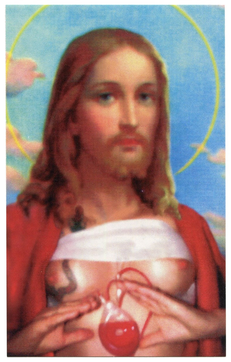 Breyer P-Orridge Transgendered Sacred Heart sticker: haloed figure with breasts holding a suspended red heart