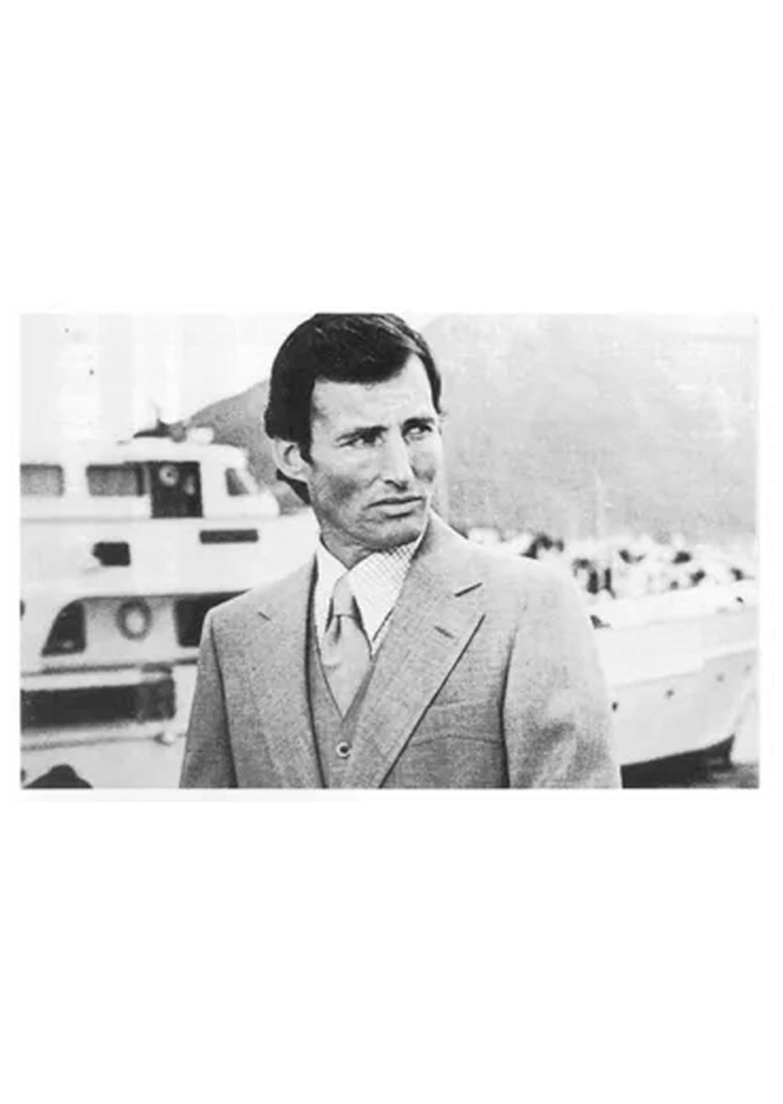 Richard Prince, Four Men Facing Right, 1979, man in three-piece suit beside boat, Ektacolor photograph reproduced in Altered Subjects catalogue