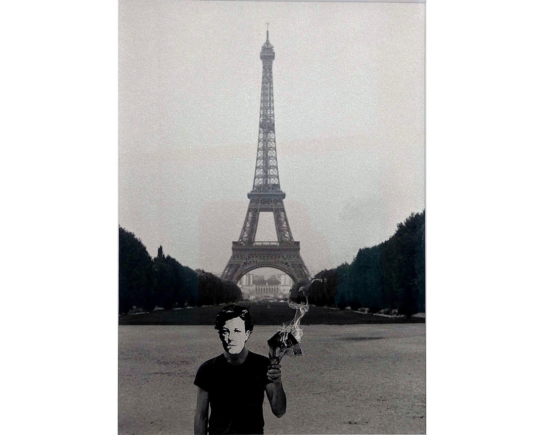 David Wojnarowicz, Untitled (Arthur Rimbaud in Paris): man in Rimbaud mask holds burning paper before the Eiffel Tower