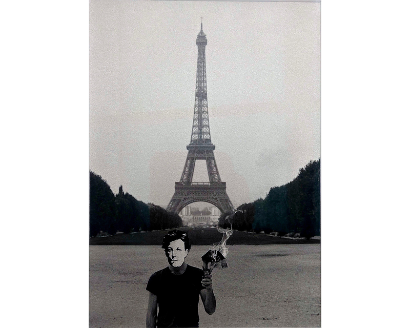 David Wojnarowicz, Untitled (Arthur Rimbaud in Paris): man in Rimbaud mask holds burning paper before the Eiffel Tower