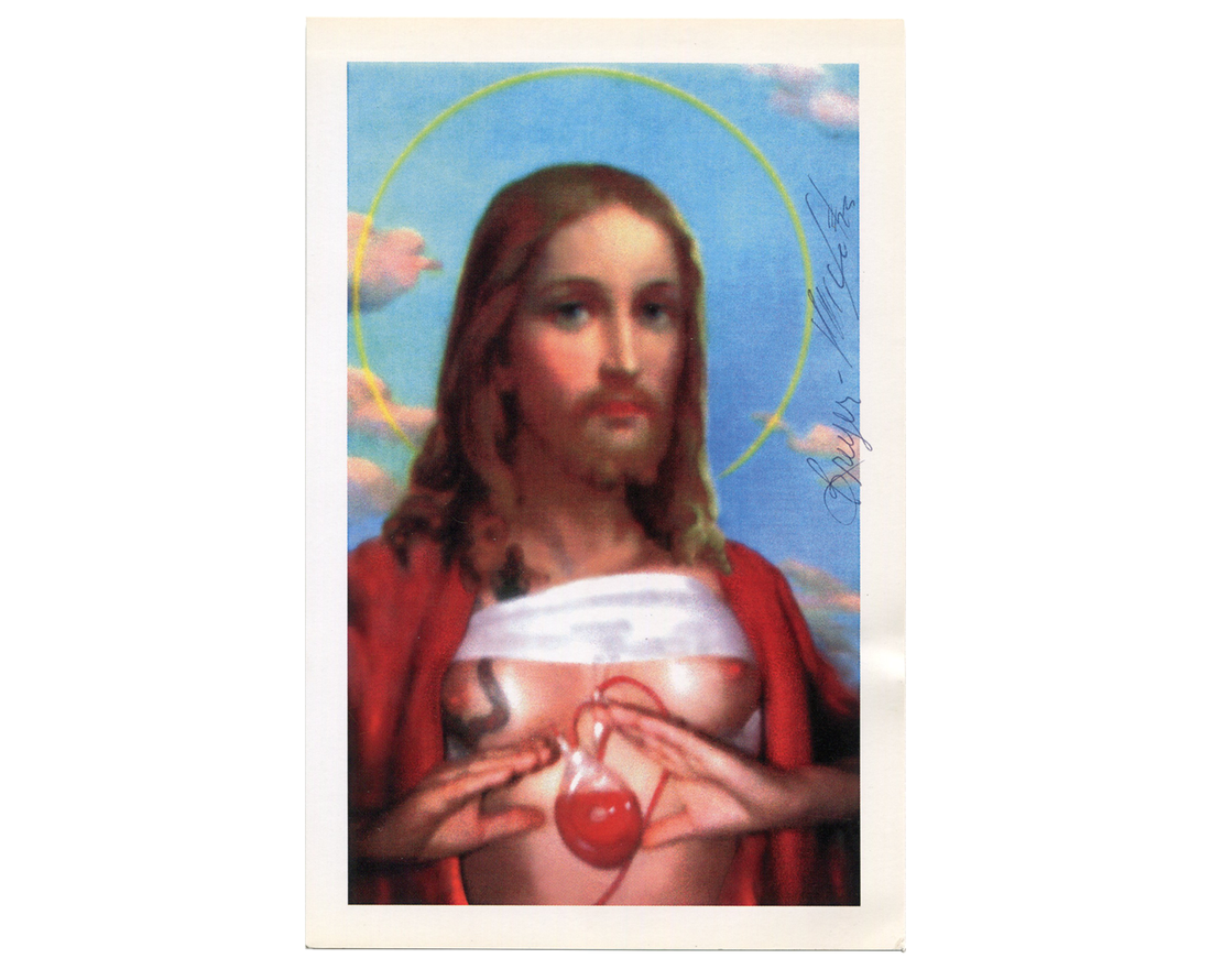 Genesis Breyer P-Orridge, signed A22 Gallery invitation showing an altered Sacred Heart image with a blue ink signature.