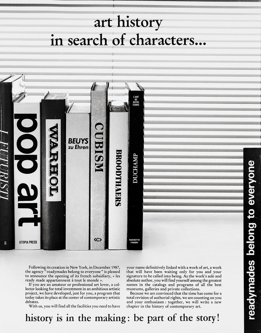 Philippe Thomas, readymades belong to everyone®, 1987. Promotional announcement featuring a shelf of art history books — Futurism, Pop Art, Warhol, Beuys, Cubism, Broodthaers, Duchamp