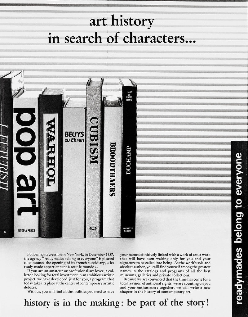 Philippe Thomas, readymades belong to everyone®, 1987. Promotional announcement featuring a shelf of art history books — Futurism, Pop Art, Warhol, Beuys, Cubism, Broodthaers, Duchamp