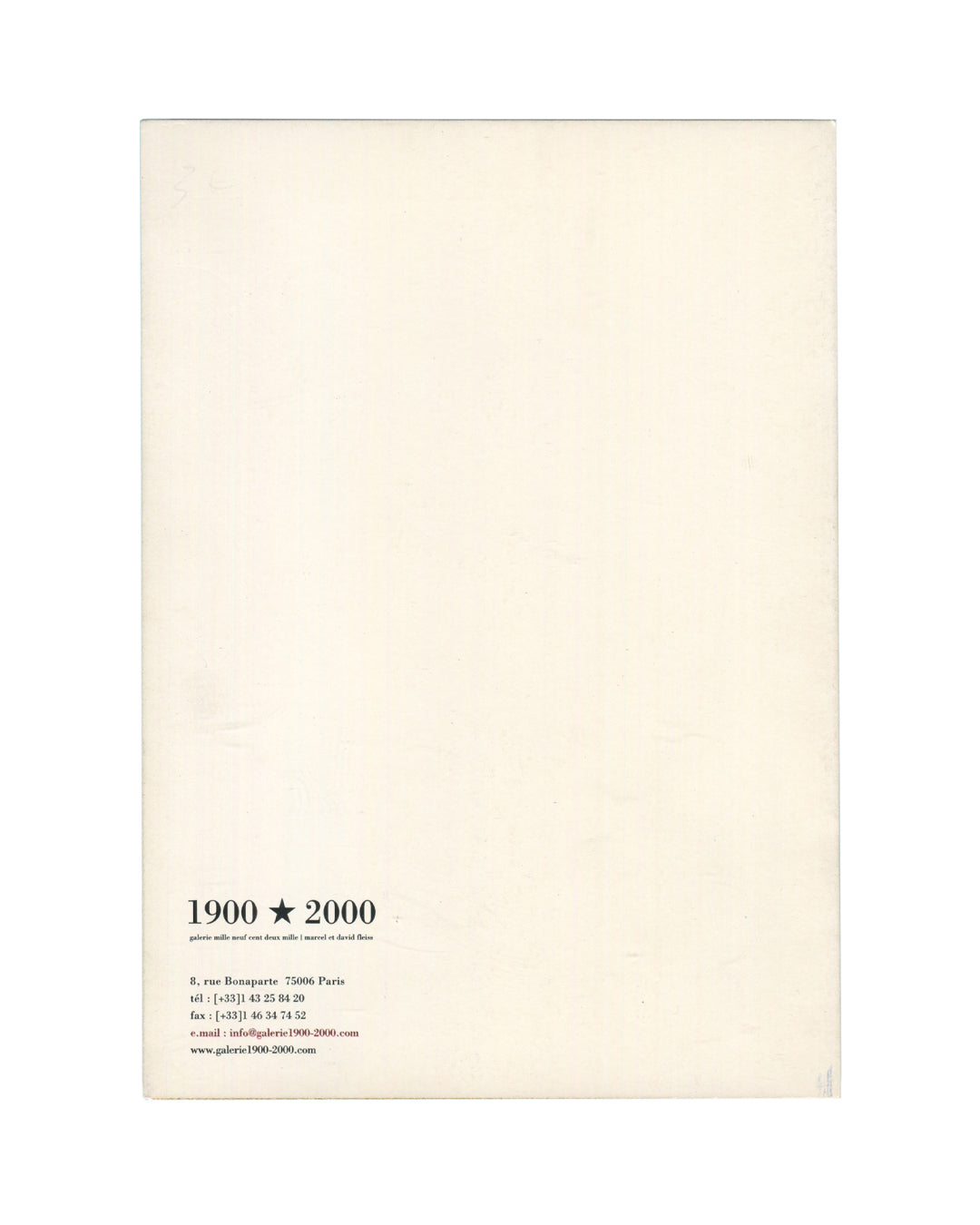 Reverse of Galerie 1900–2000 Documents invitation showing gallery branding, star logo, address at Rue Bonaparte Paris, and early web and contact information.