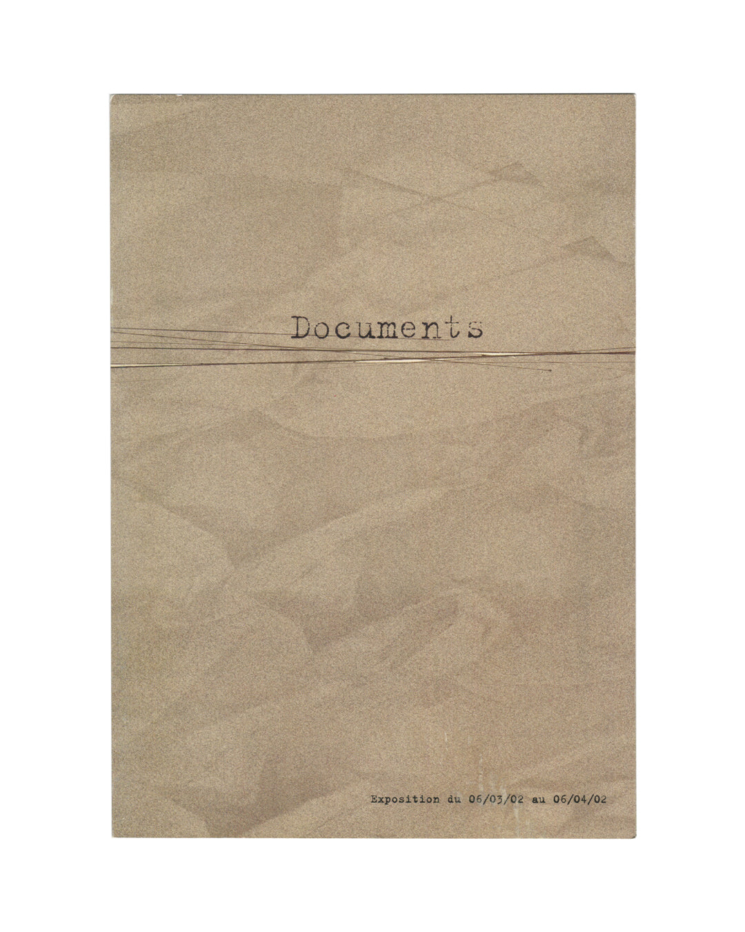 Original 2002 Documents exhibition invitation from Galerie 1900–2000 Paris featuring a distressed archive-folder design with typewriter-style typography on textured brown paper.