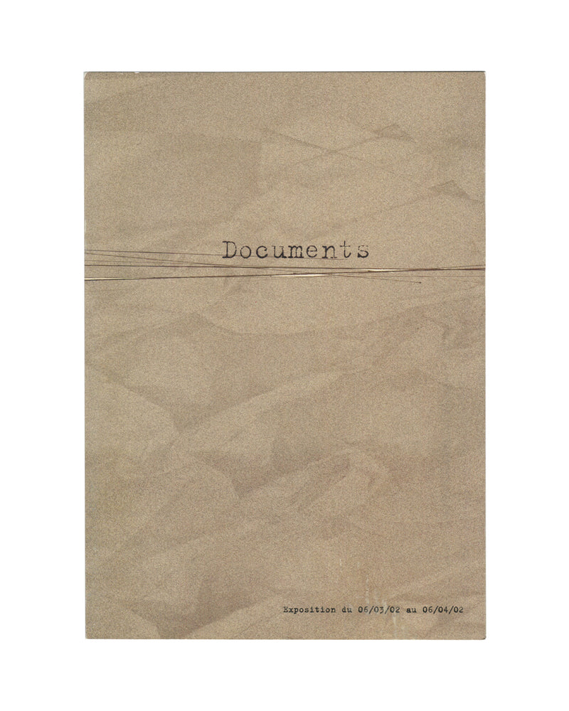 Original 2002 Documents exhibition invitation from Galerie 1900–2000 Paris featuring a distressed archive-folder design with typewriter-style typography on textured brown paper.