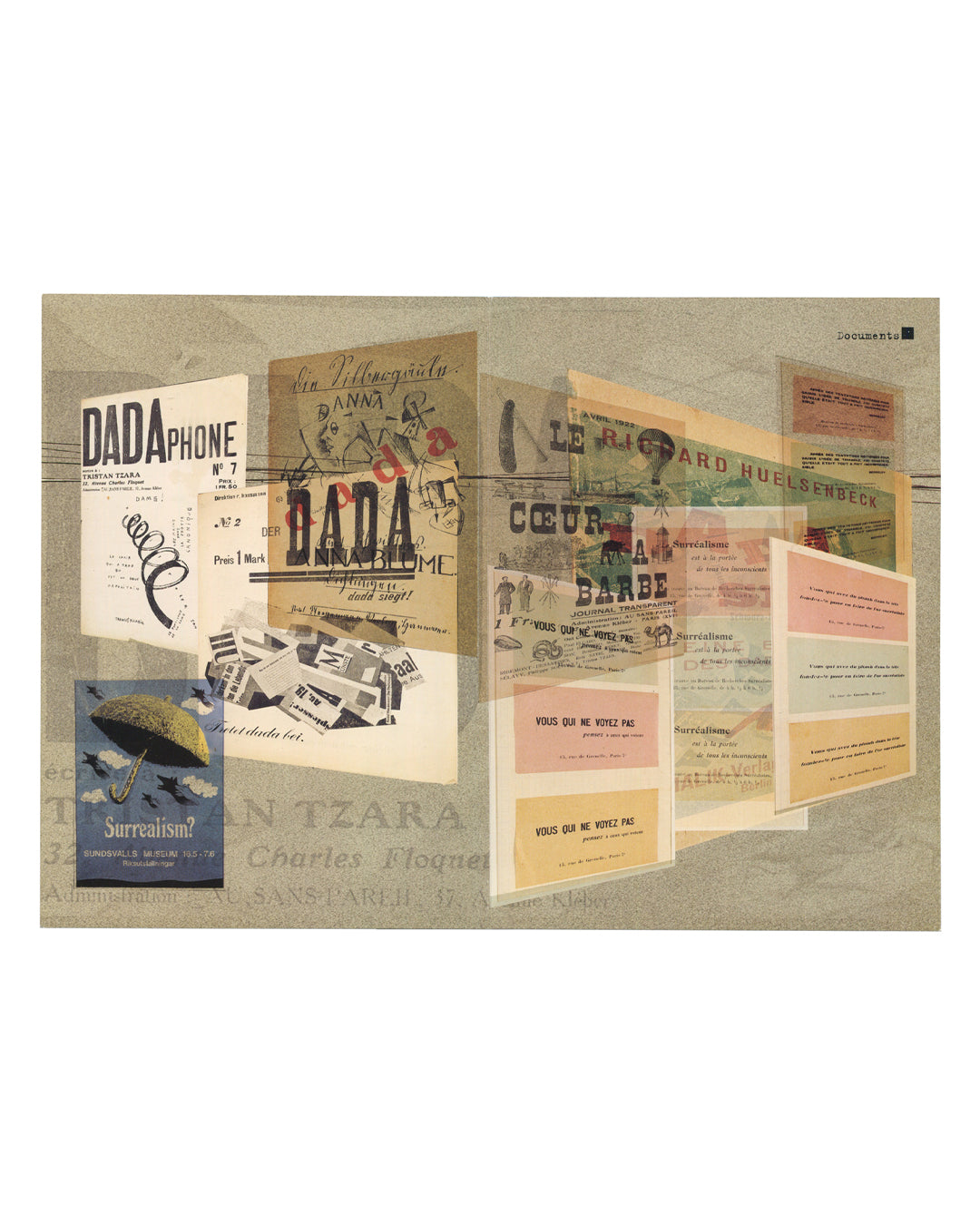 Interior of Documents exhibition invitation, Galerie 1900–2000 Paris, 2002, featuring a collage of Dada and Surrealist ephemera including DADAPhone, Anna Blume, Le Cœur à Barbe, Tristan Tzara references, and historical avant-garde printed material.