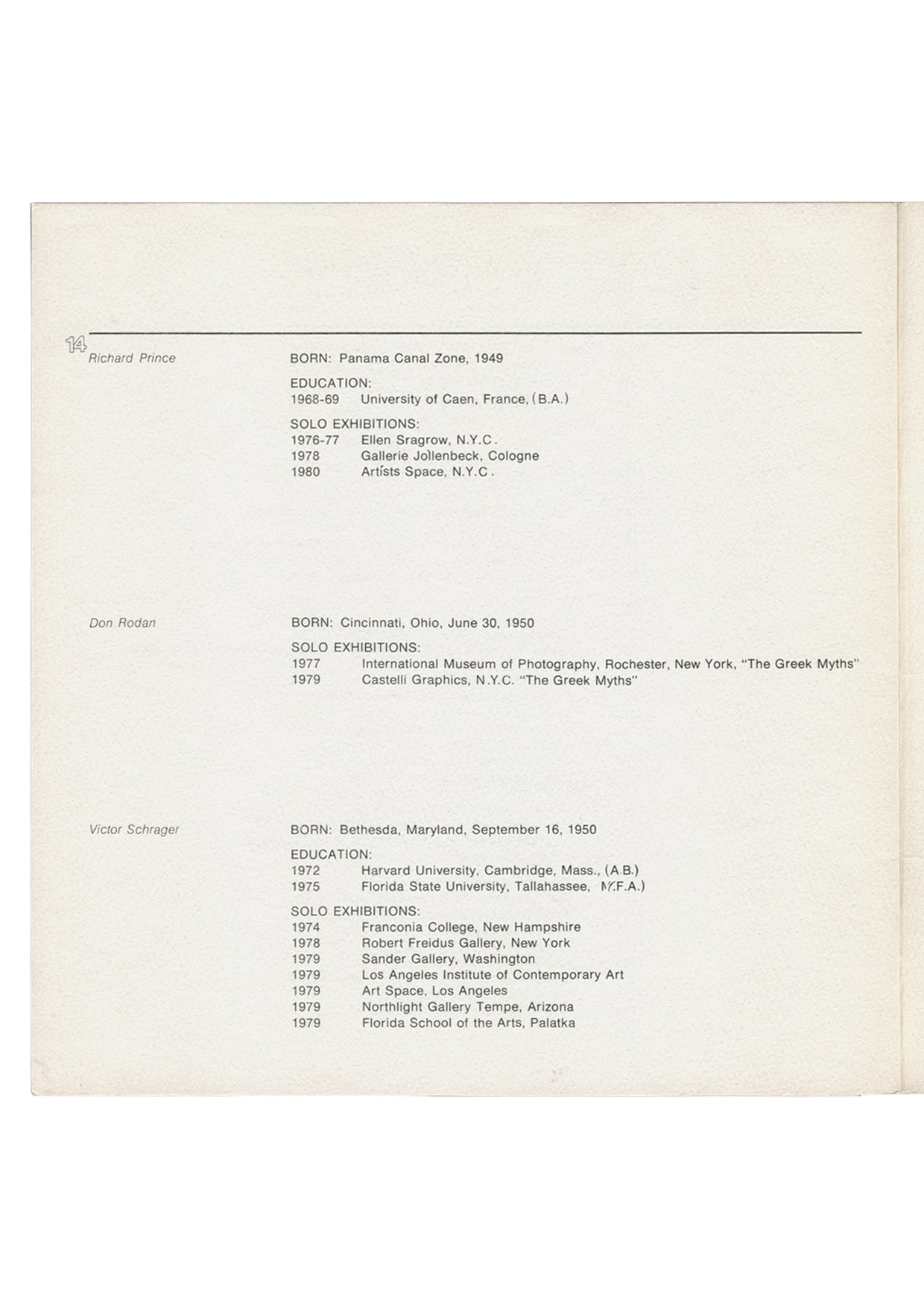 RICHARD PRINCE biography p.14, Altered Subjects: Photography, 1980, with Rodan and Schrager