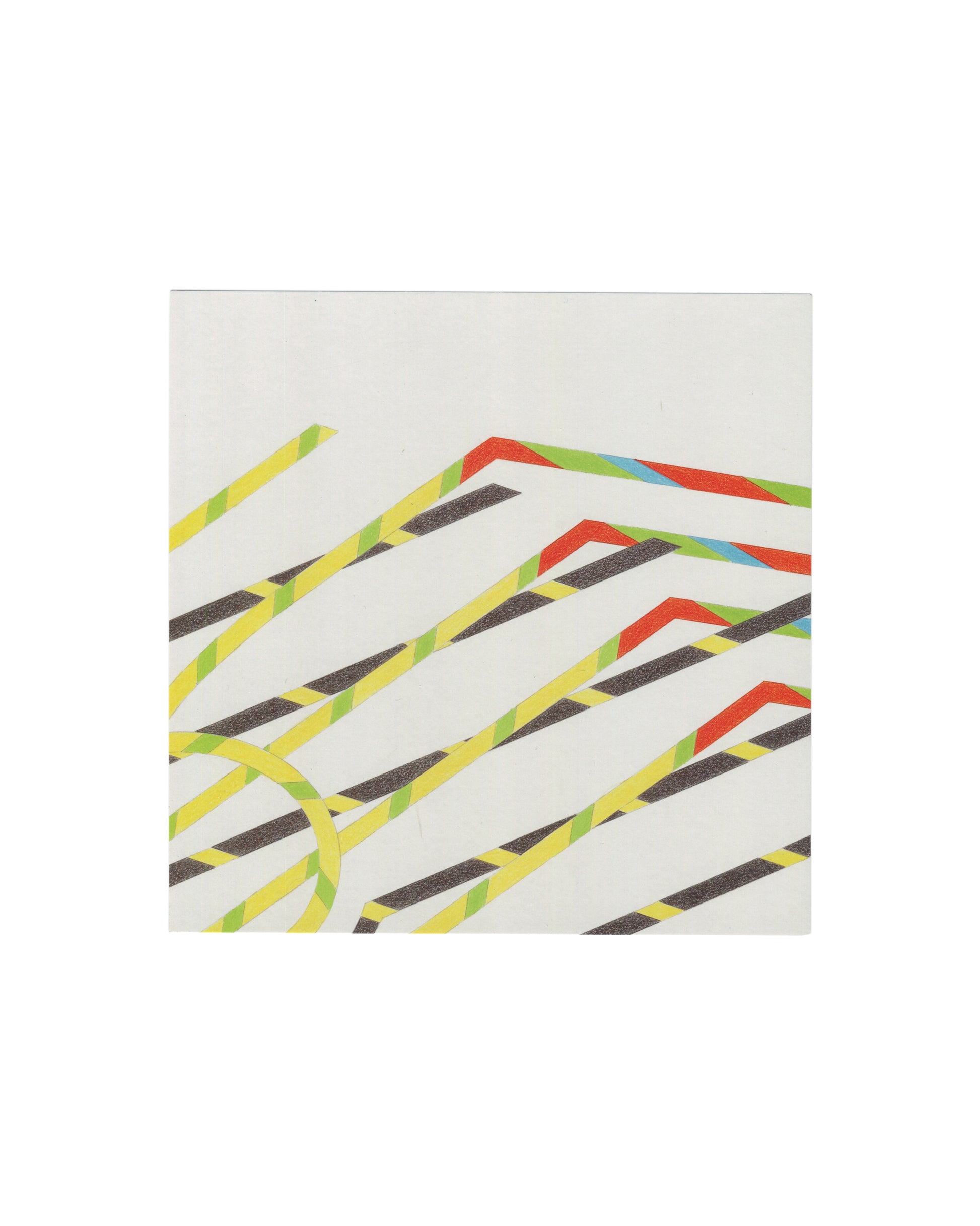 Original 2014 Tomma Abts exhibition invitation card, David Zwirner, New York — recto reproducing a detail from Untitled, 2013, coloured pencil and pencil on paper: intersecting diagonal bands in yellow, black, green, red, and blue forming a precise geometric spatial construction on white ground