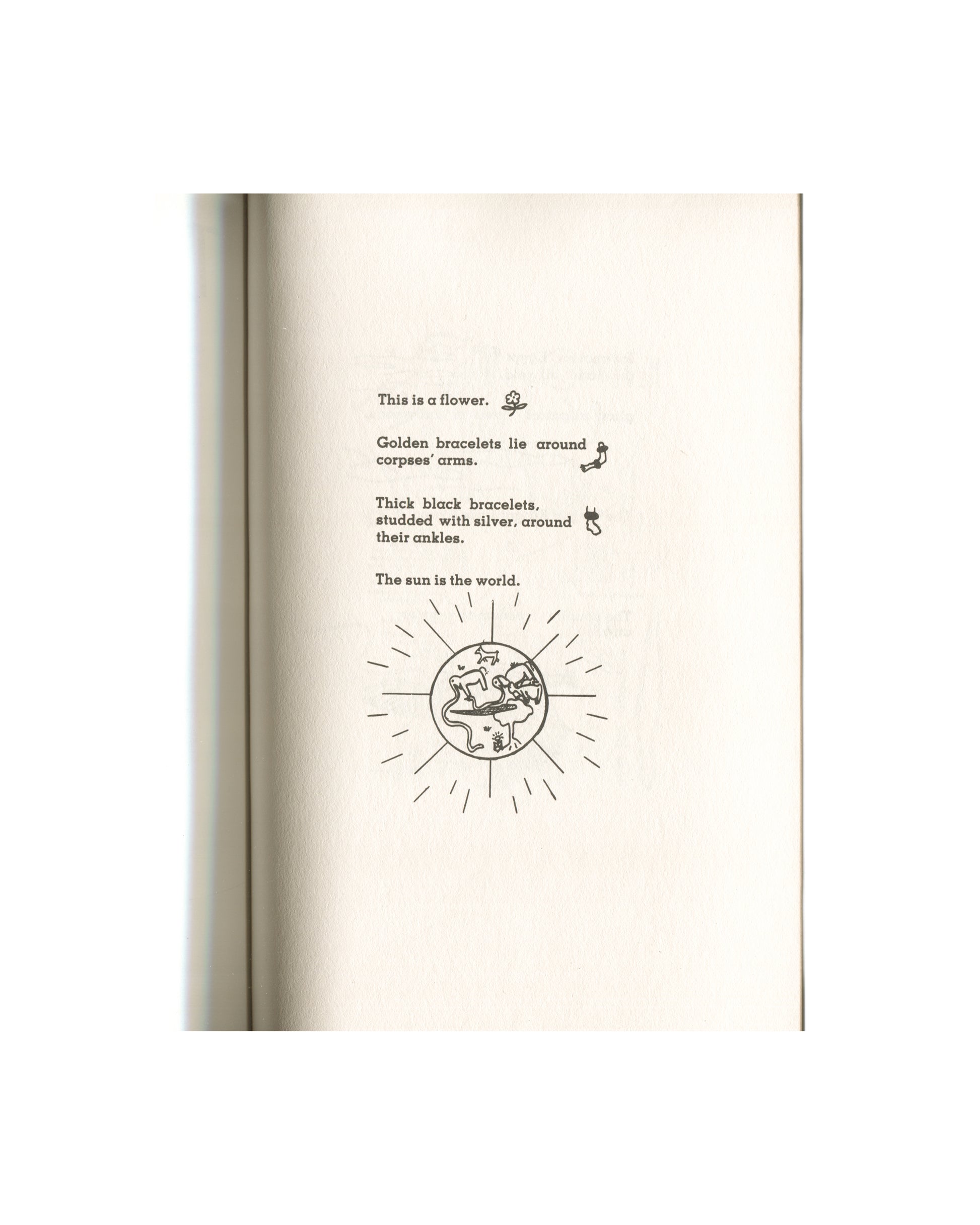 Kathy Acker — Blood and Guts in High School, Grove Press, 1984 — interior page. Continuation of "The World" section. Text: "This is a flower." with small floral symbol; "Golden bracelets lie around corpses' arms." with bracelet figure; "Thick black bracelets, studded with silver, around their ankles." with ankle figure; "The sun is the world." followed by a large circular sun diagram — a globe with radiating lines, figures and animals inside, rendered in Egyptian-style line drawing. Cream paper.