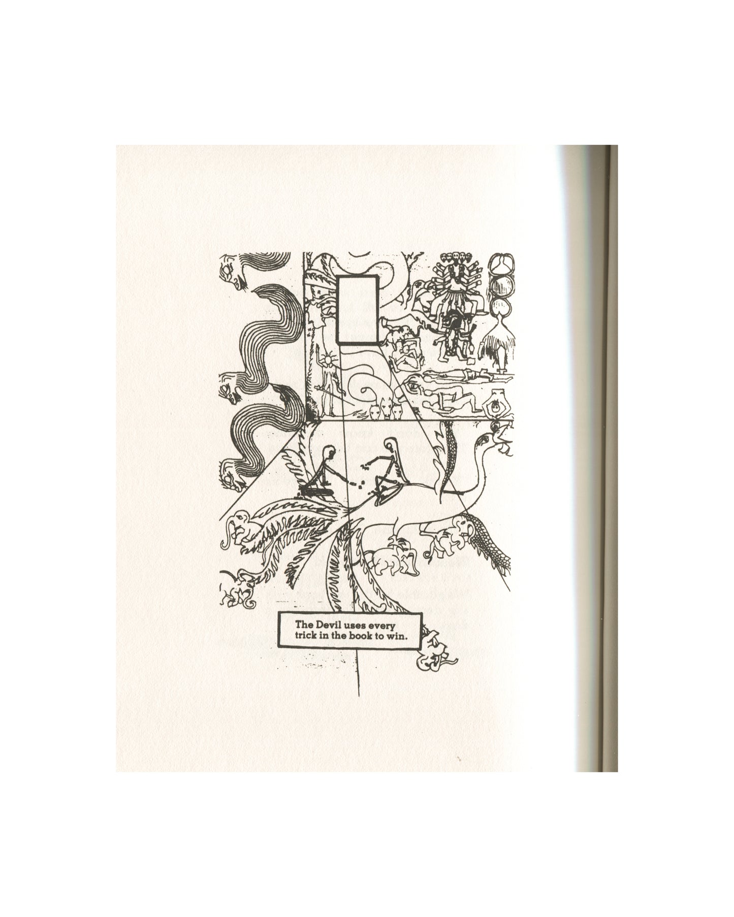 Kathy Acker — Blood and Guts in High School, Grove Press, 1984 — interior page. Dense collage of appropriated line drawings: serpents, animals, figures, tropical vegetation, mythological creatures, and architectural fragments assembled into a composite field. A blank white rectangle interrupts the centre. Caption in a ruled box at base: "The Devil uses every trick in the book to win." Cream paper, black ink.