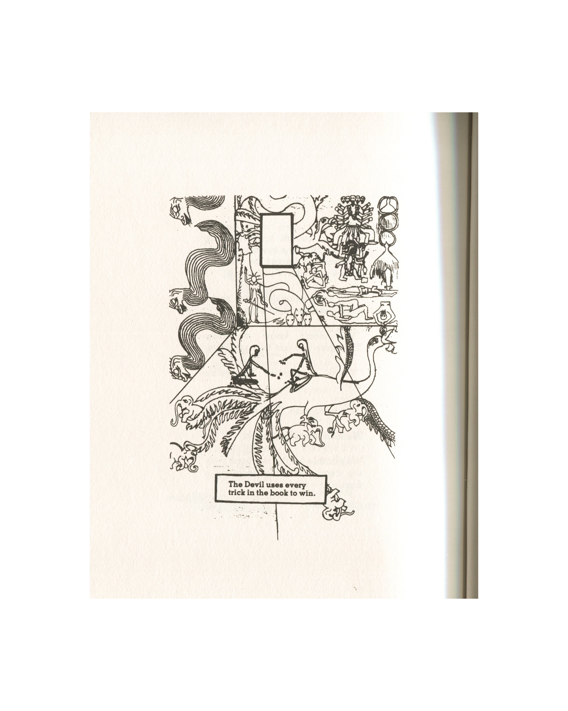 Kathy Acker — Blood and Guts in High School, Grove Press, 1984 — interior page. Dense collage of appropriated line drawings: serpents, animals, figures, tropical vegetation, mythological creatures, and architectural fragments assembled into a composite field. A blank white rectangle interrupts the centre. Caption in a ruled box at base: "The Devil uses every trick in the book to win." Cream paper, black ink.