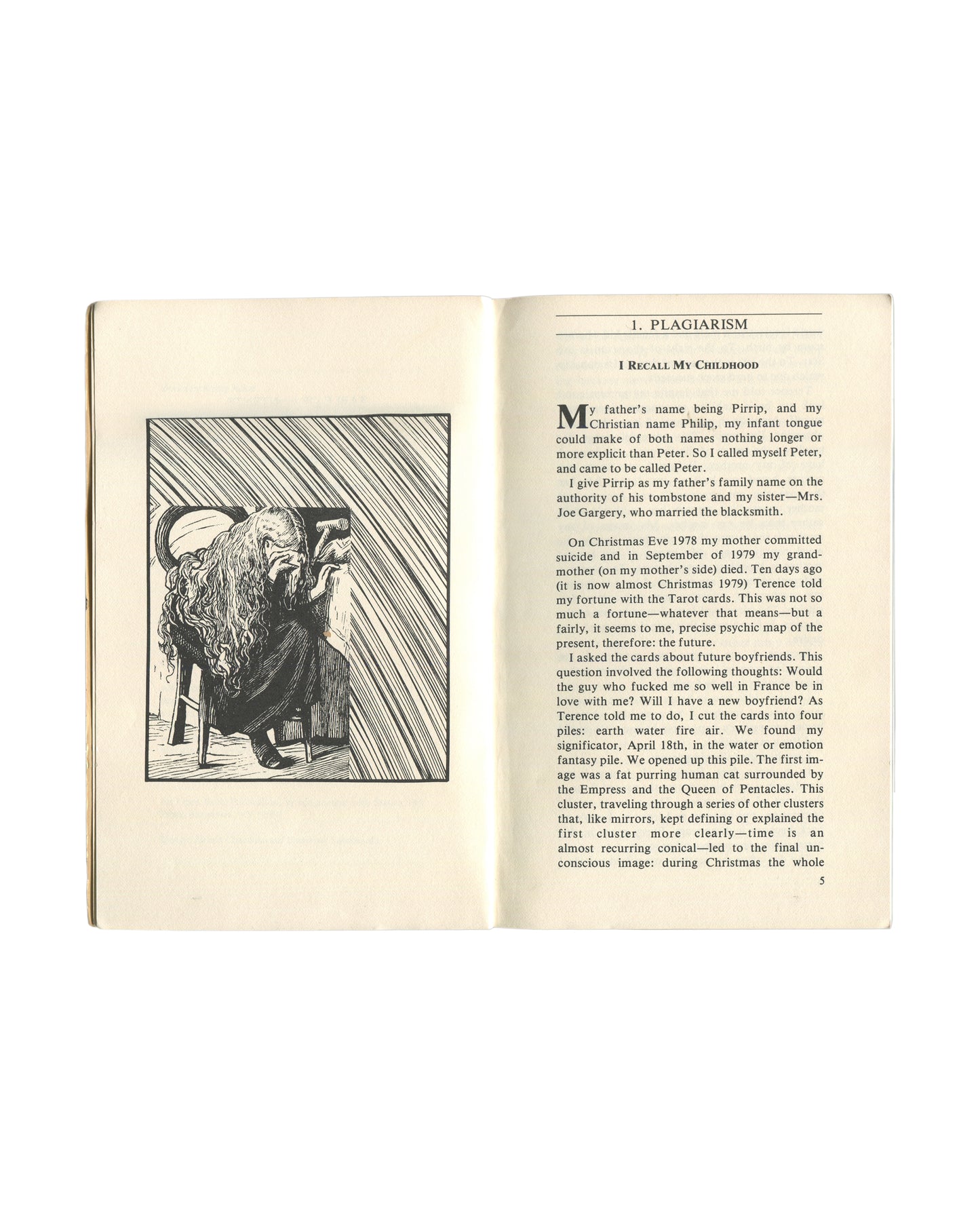 Interior spread of 1982 Kathy Acker Great Expectations, Open Book Publications. Left page shows black-and-white woodcut of a hunched figure at a desk. Right page opens Chapter 1 titled Plagiarism, subsection I Recall My Childhood, with Dickens-derived opening paragraph. Page 5.