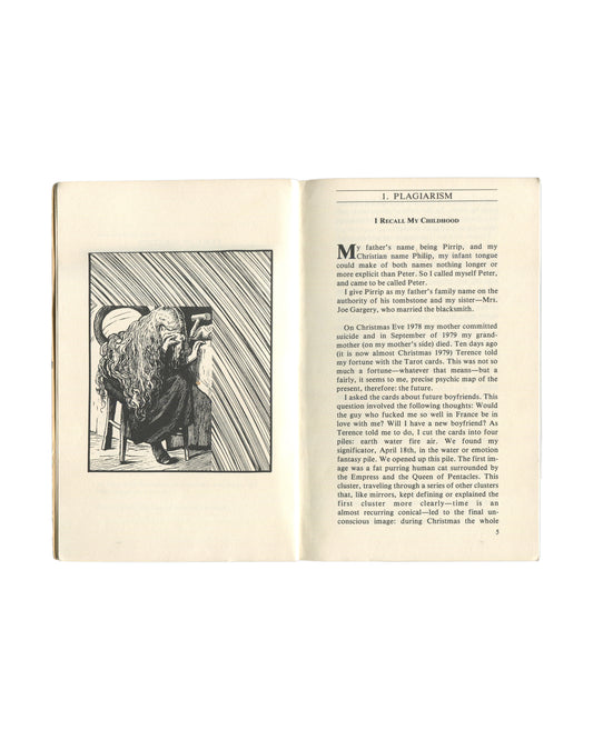 Interior spread of 1982 Kathy Acker Great Expectations, Open Book Publications. Left page shows black-and-white woodcut of a hunched figure at a desk. Right page opens Chapter 1 titled Plagiarism, subsection I Recall My Childhood, with Dickens-derived opening paragraph. Page 5.