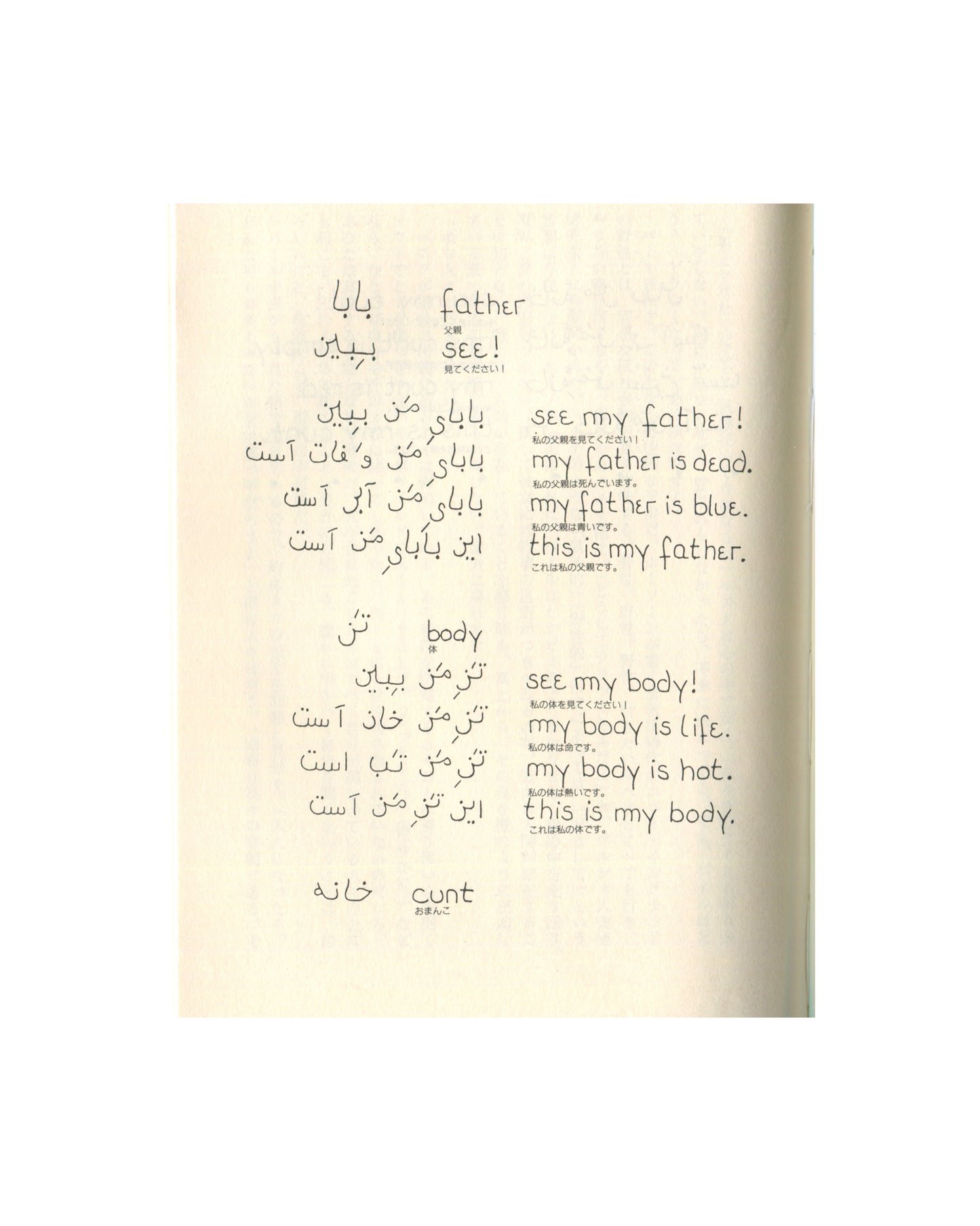 Kathy Acker — Blood and Guts in High School, Hakusuisha, 1992 — interior page. Three-language vocabulary lesson. Left column: Persian/Farsi script. Centre: English handwritten phrases — "father", "see my father!", "my father is dead.", "my father is blue.", "body", "my body is life.", "my body is hot.", "cunt". Right column: Japanese translations in small printed type. White space dominant.
