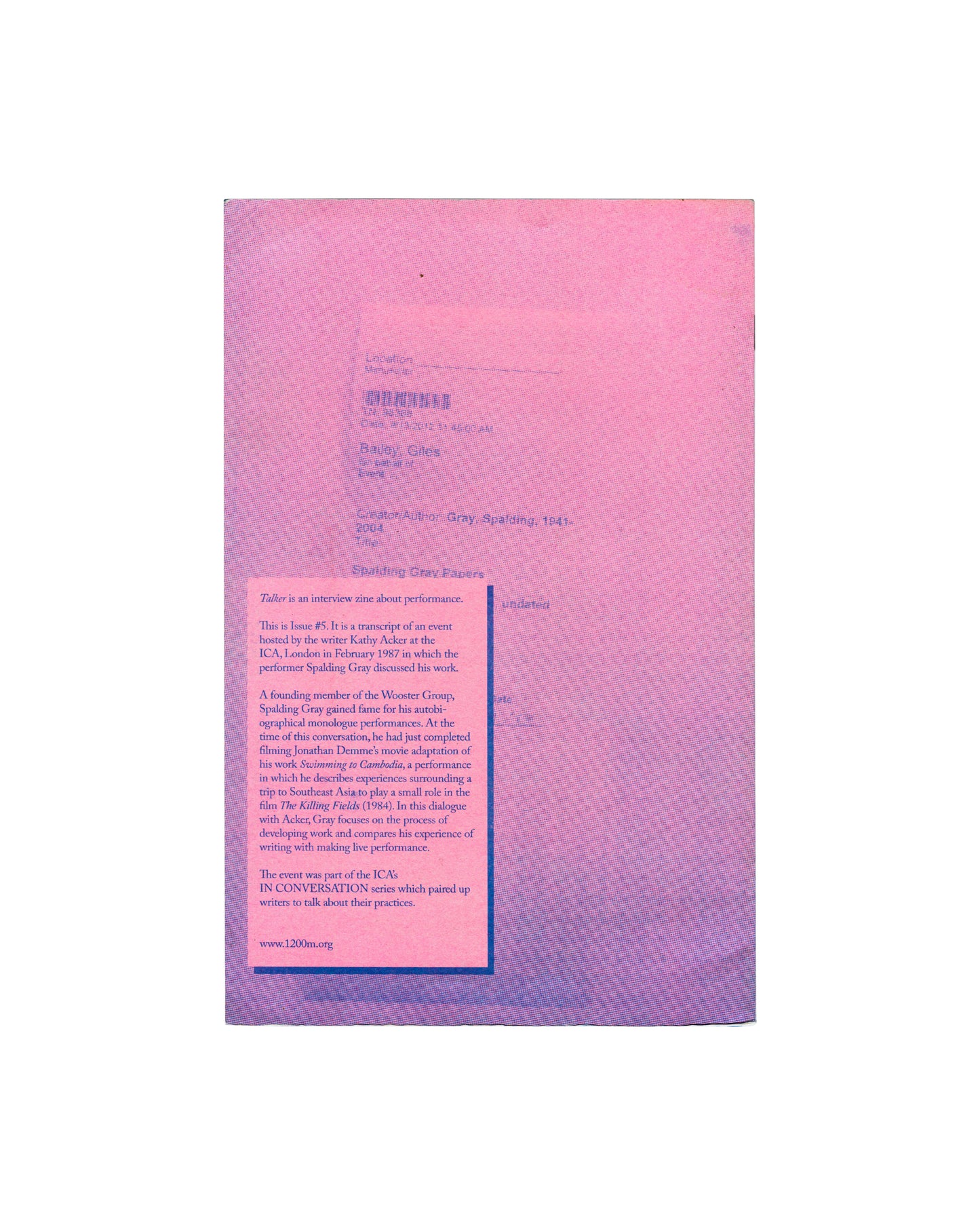 A pink and purple gradient back cover of a 'Spalding Gray with Kathy Acker' zine photographed against a plain white background.