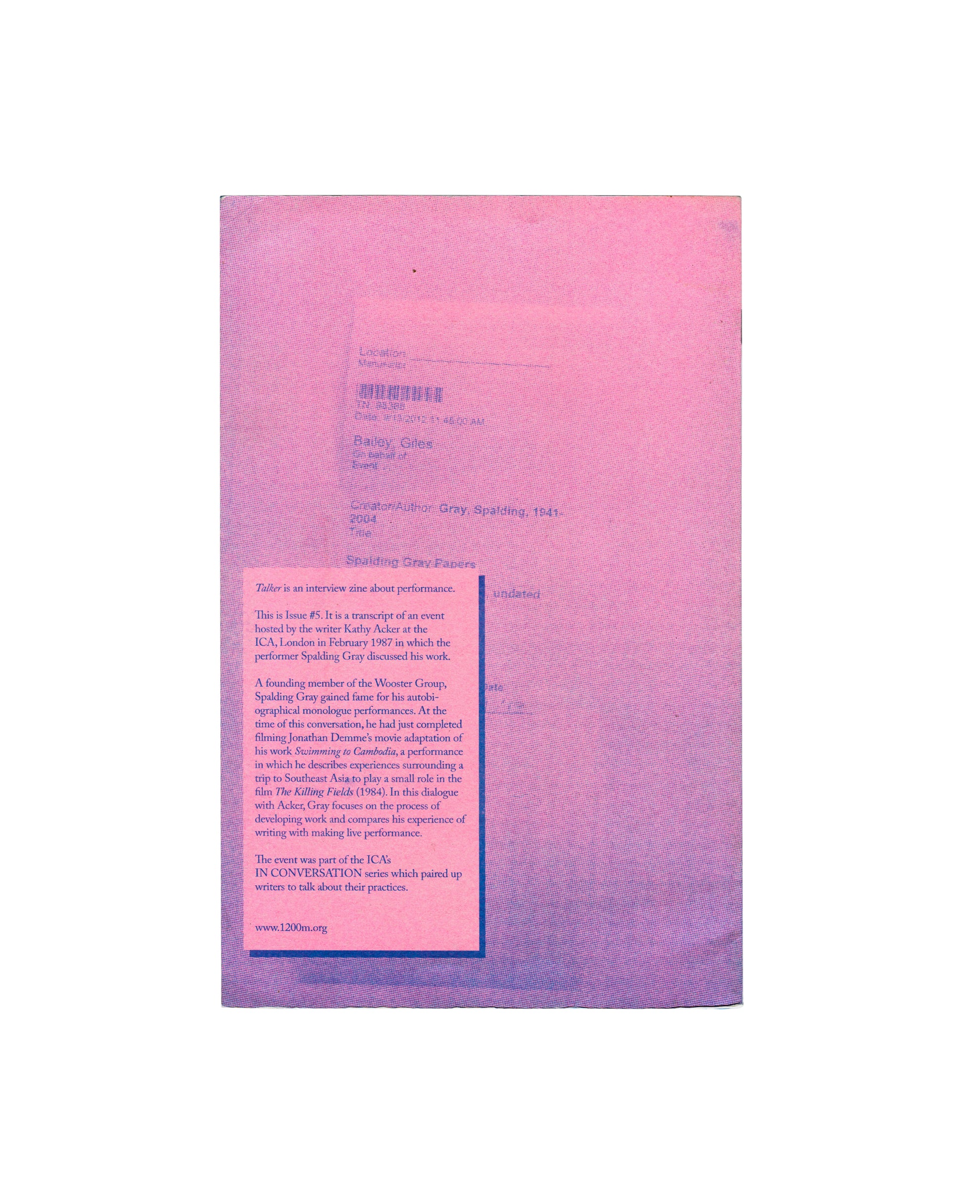 A pink and purple gradient back cover of a 'Spalding Gray with Kathy Acker' zine photographed against a plain white background.