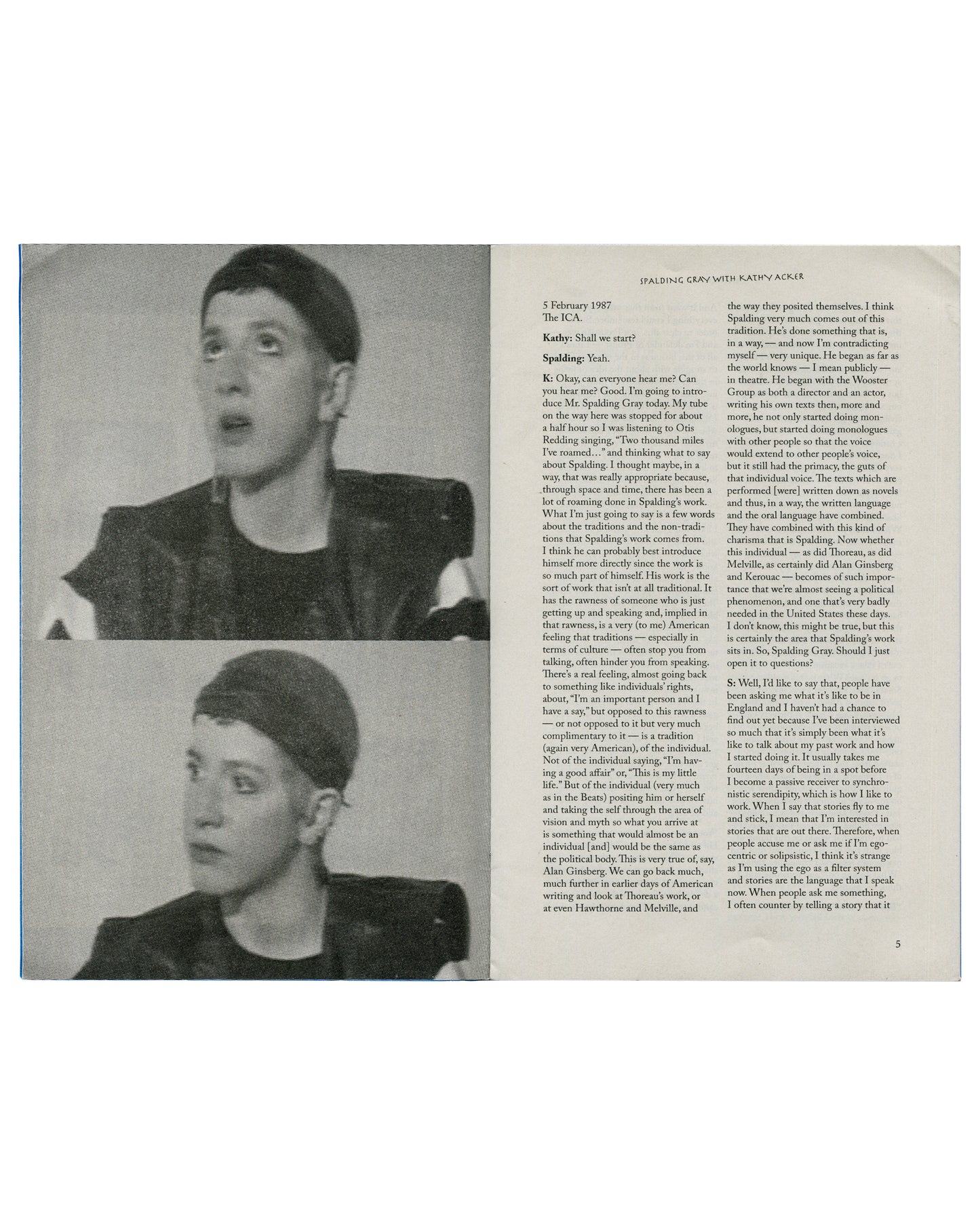 A printed zine page with two black-and-white portrait photos of a Kathy Acker wearing a dark cap and jacket, alongside columns of text on an off-white page.