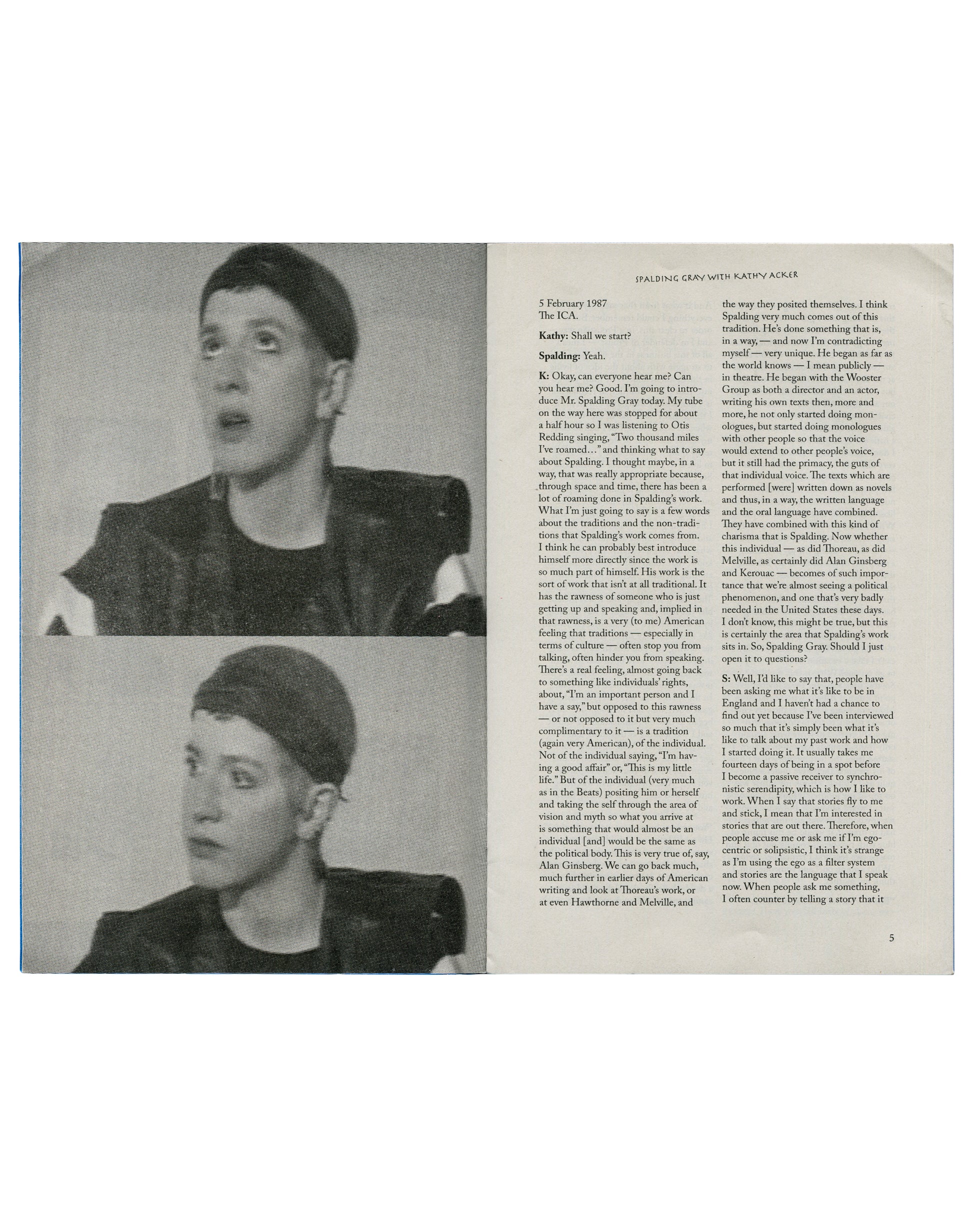 A printed zine page with two black-and-white portrait photos of a Kathy Acker wearing a dark cap and jacket, alongside columns of text on an off-white page.