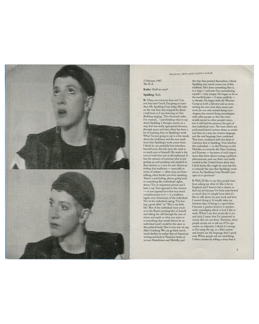 A printed zine page with two black-and-white portrait photos of a Kathy Acker wearing a dark cap and jacket, alongside columns of text on an off-white page.