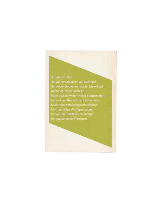 Kathy Acker, Ultra light – last minute ex+pop – literatur, Merve Verlag Berlin, olive green geometric shape, German text, back 