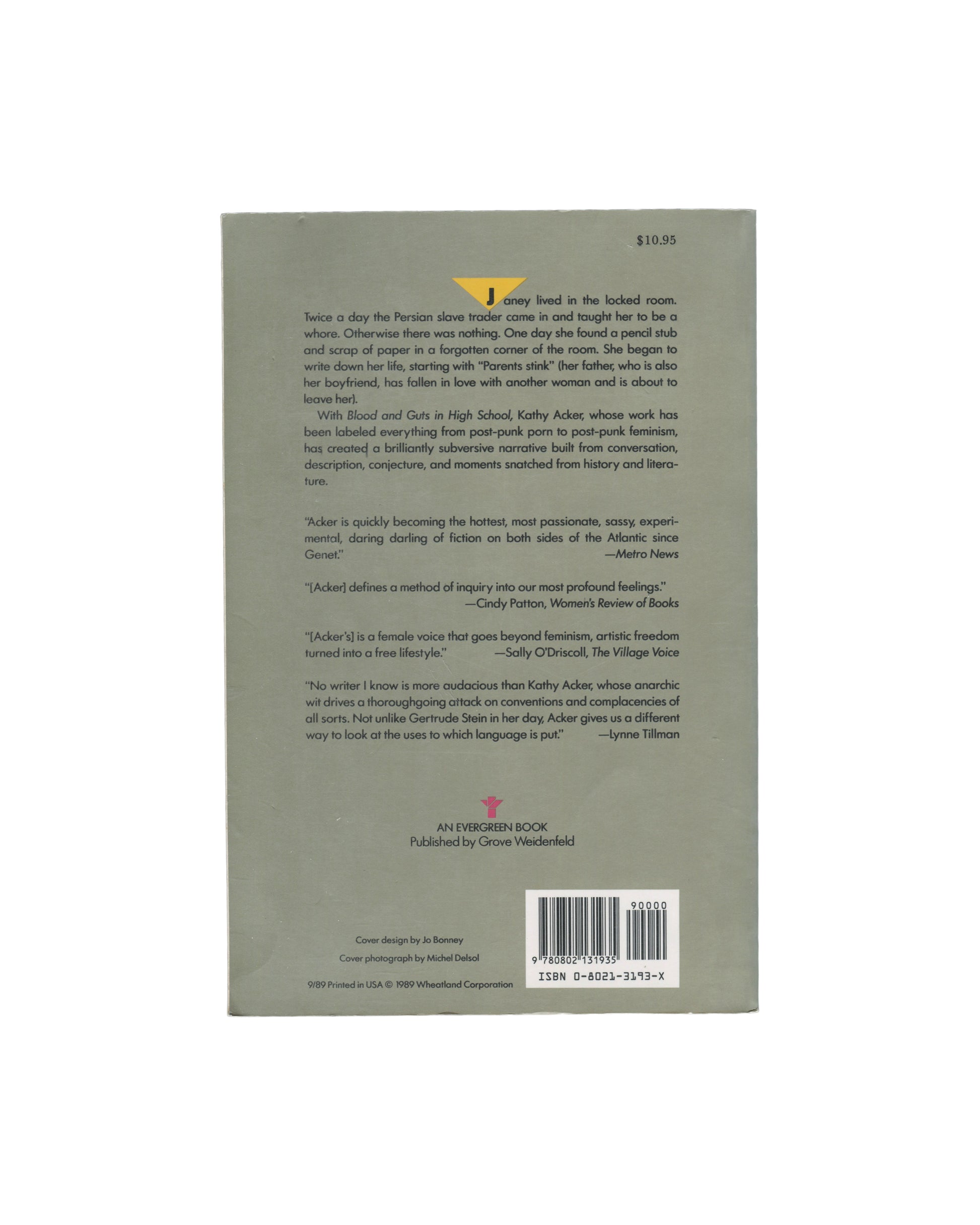 The back cover of a  Kathy Acker book, shown flat against a white background. The cover is a muted gray-green color with black text, a small yellow accent near the top right, and a barcode at the bottom right.