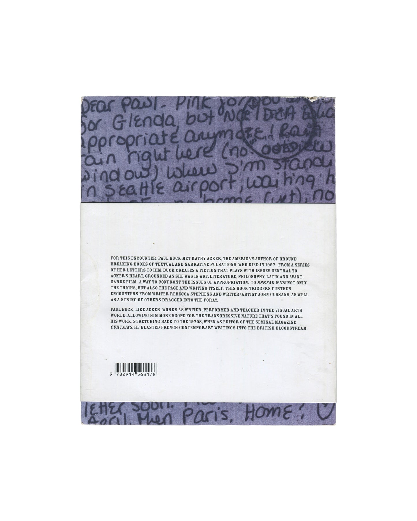 Kathy Acker & Paul BuckThe back cover of a Kathy Acker & Paul Buck book, featuring a white center with black text, flanked by a dusty purple top and bottom border with handwritten-style purple text.