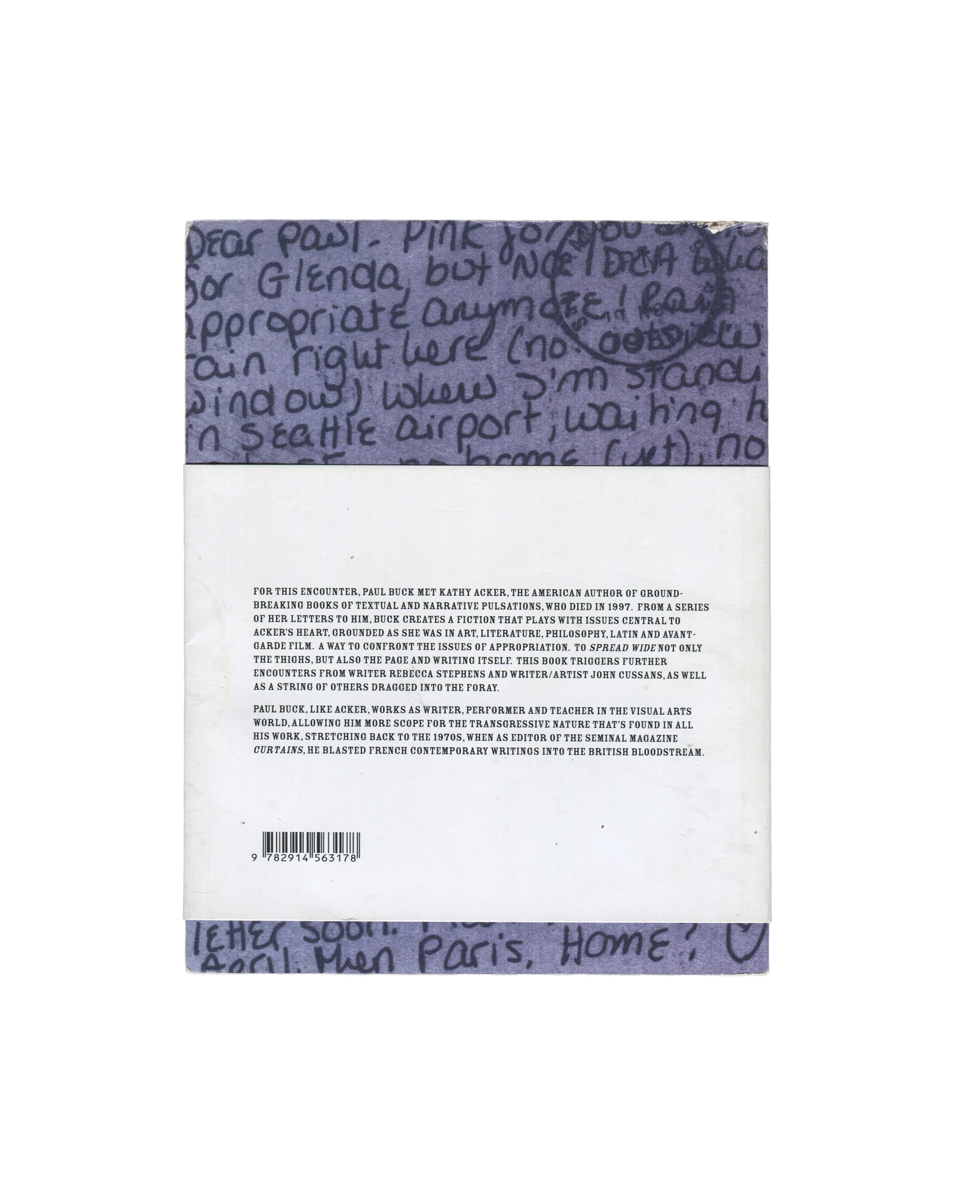 Kathy Acker & Paul BuckThe back cover of a Kathy Acker & Paul Buck book, featuring a white center with black text, flanked by a dusty purple top and bottom border with handwritten-style purple text.
