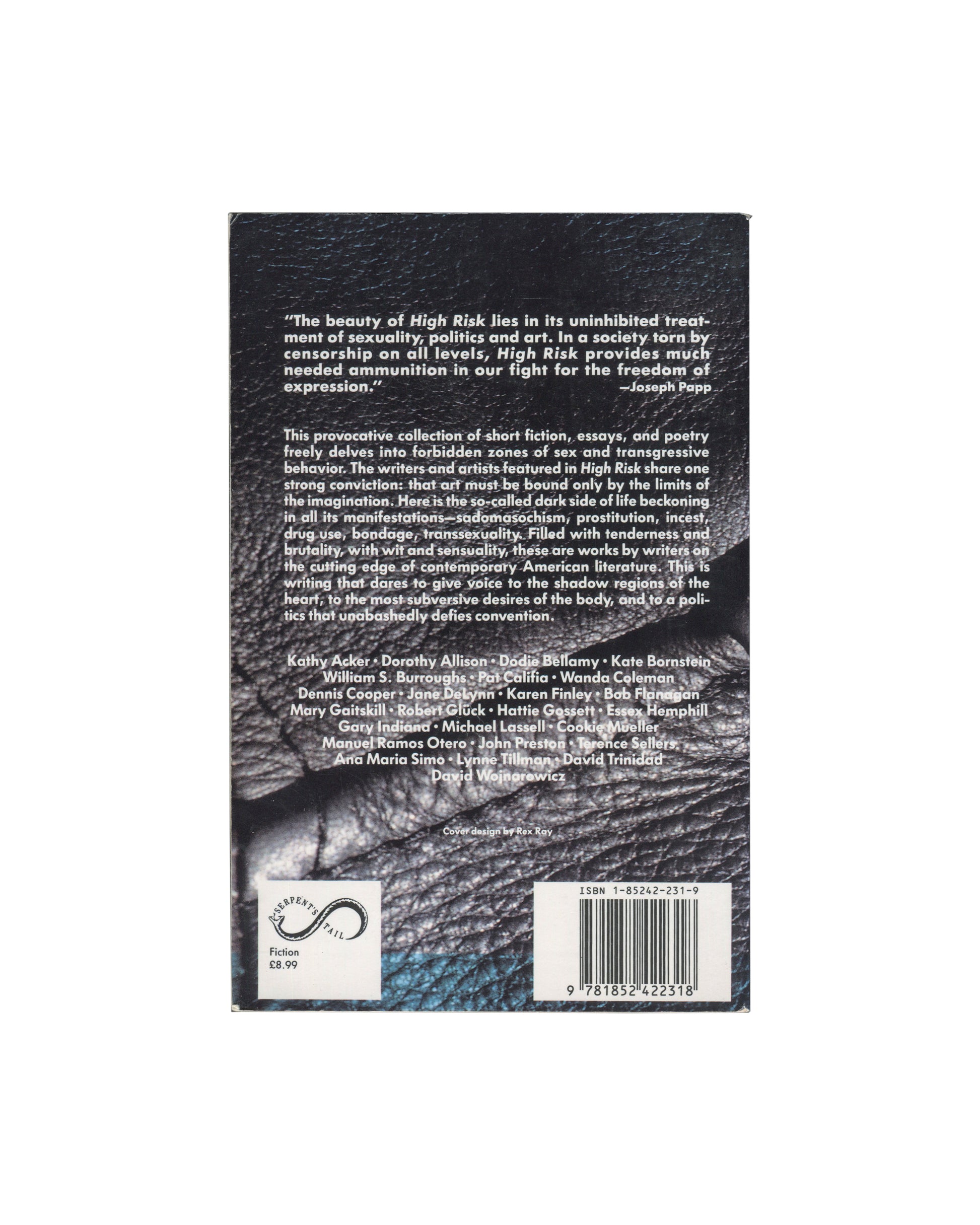 The back cover of he book cover of 'High Risk: An Anthology of Forbidden  book, shown against a white background. The cover features a dark, textured black and gray wolf design with a blue-gray gradient at the bottom.