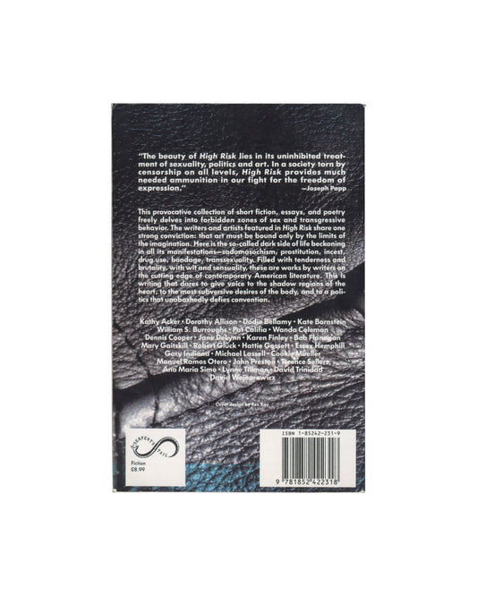 The back cover of he book cover of 'High Risk: An Anthology of Forbidden  book, shown against a white background. The cover features a dark, textured black and gray wolf design with a blue-gray gradient at the bottom.
