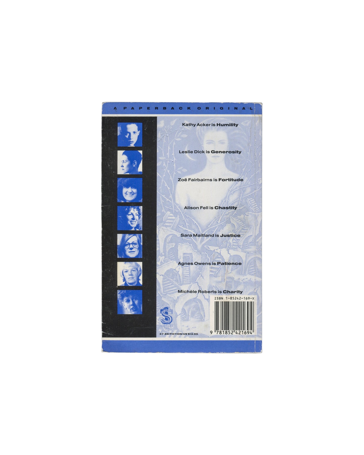 Kathy Acker, The back cover of a book titled 'Paperbacks' by Jason Reynolds, featuring a black spine-like column with blue portrait photos of Jason Mraz, a light blue patterned background, and a barcode.