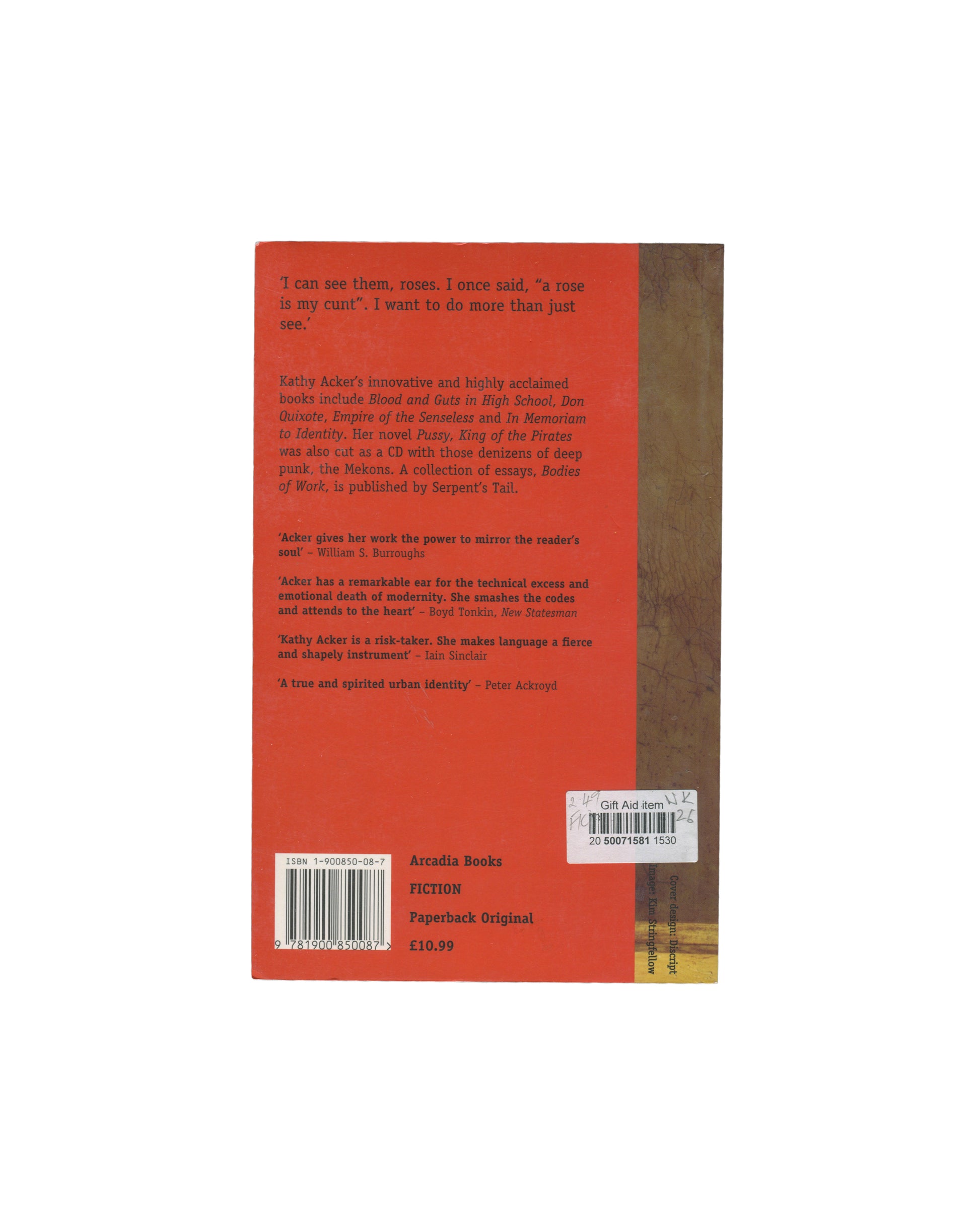 The back cover of the book 'Eurydice in the Underworld' by Kathy Acker by Arcadia Books, featuring a solid terracotta red background with white text, a barcode, and a white product info label.