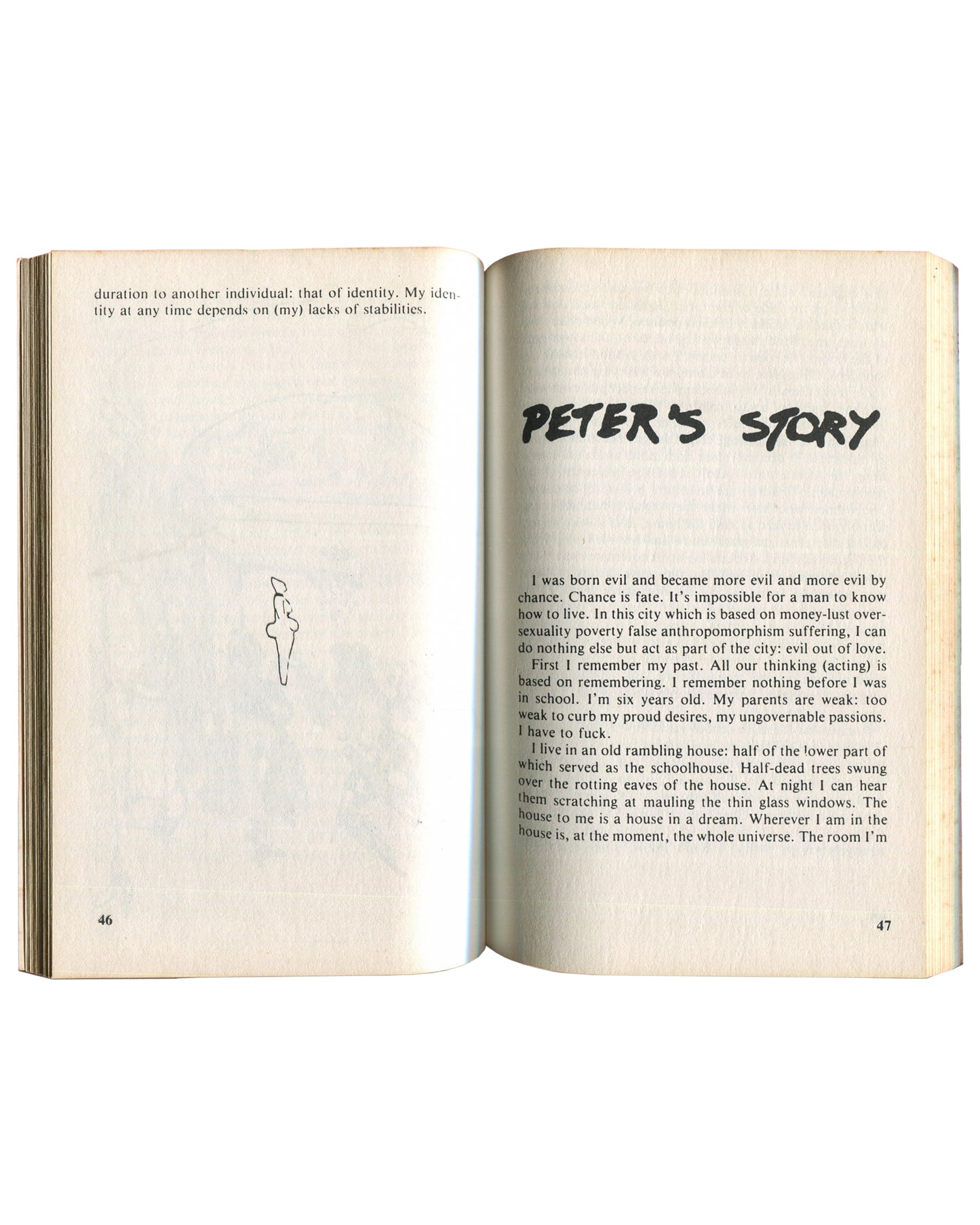 Interior spread of 1980 Kathy Acker I Dreamt I Was a Nymphomaniac: Imagining, pages 46–47 — left page with small line drawing of a figure and closing text of a section; right page with hand-lettered heading 'Peter's Story' and opening prose