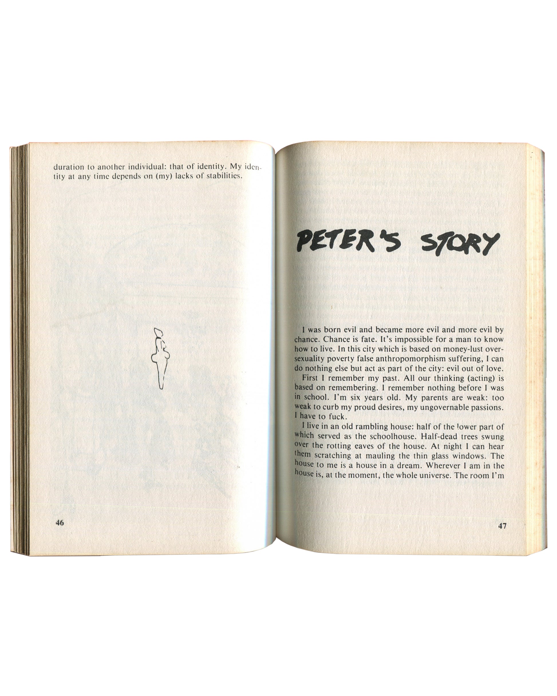 Interior spread of 1980 Kathy Acker I Dreamt I Was a Nymphomaniac: Imagining, pages 46–47 — left page with small line drawing of a figure and closing text of a section; right page with hand-lettered heading 'Peter's Story' and opening prose