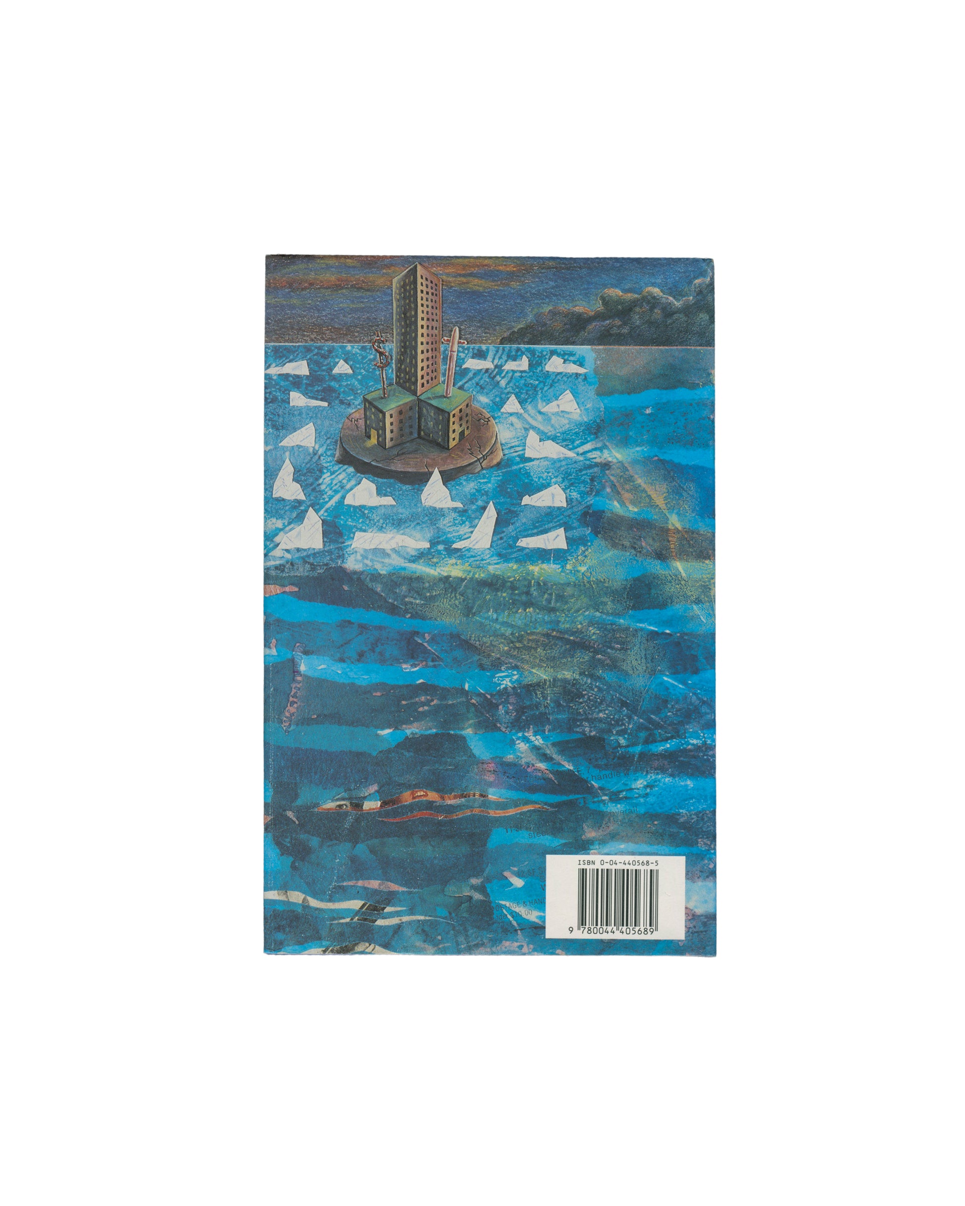 Book backcover of 'in Memoriam to Identity' by Kathy Acker, featuring a surreal illustration of a city island on a textured blue and black background.