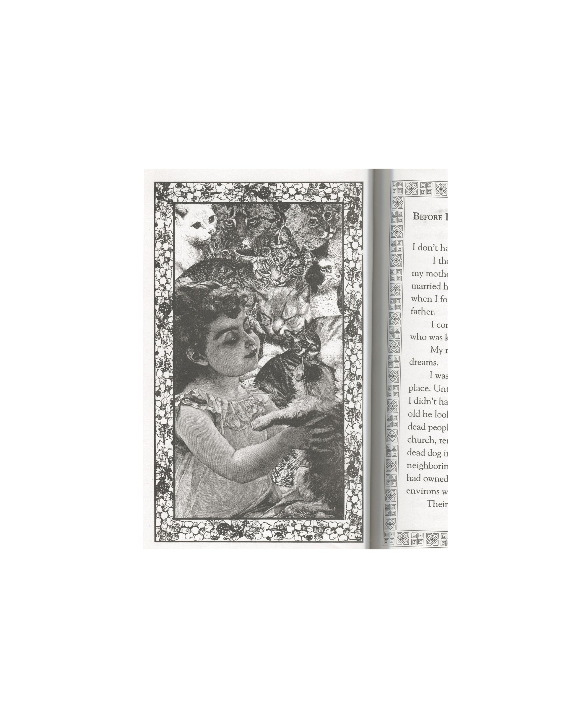 Kathy Acker — Pussycat Fever, AK Press, 1995 — interior spread. Left page: full-page black-and-white illustration by Freddie Baer. A young girl in a dress surrounded by cats and large feline faces — leopard, tiger, domestic cats — rendered in dense Victorian collage style within an ornate floral border. Right page: text beginning "Before I—" in serif type with decorative border.