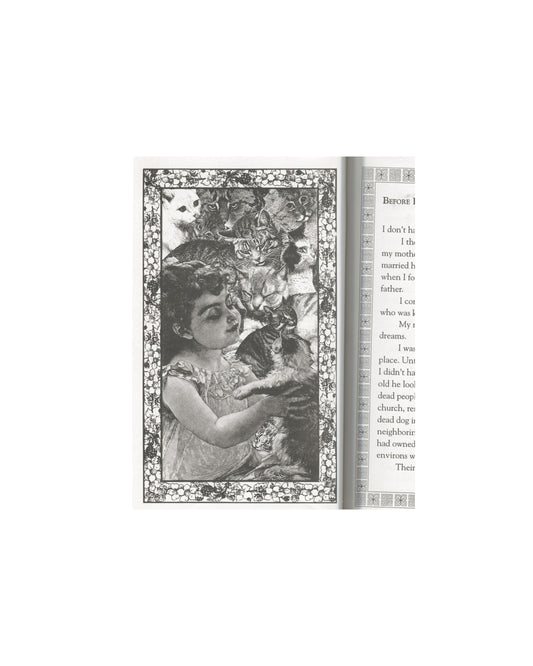 Kathy Acker — Pussycat Fever, AK Press, 1995 — interior spread. Left page: full-page black-and-white illustration by Freddie Baer. A young girl in a dress surrounded by cats and large feline faces — leopard, tiger, domestic cats — rendered in dense Victorian collage style within an ornate floral border. Right page: text beginning "Before I—" in serif type with decorative border.