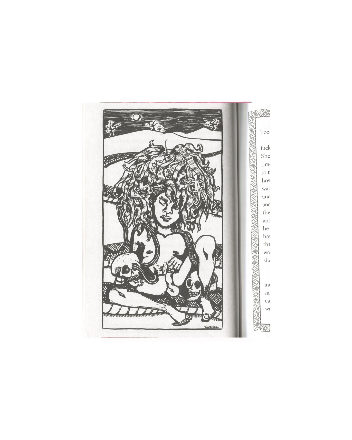 Kathy Acker — Pussycat Fever, AK Press, 1995 — interior spread. Left page: full-page black-and-white illustration by Diane DiMassa. A wild-haired nude figure seated cross-legged, holding a snake, surrounded by two skulls. Bold woodcut-style linework. Moon and landscape in background. Signed lower right: DiMassa. Right page: prose text in serif type with decorative border.