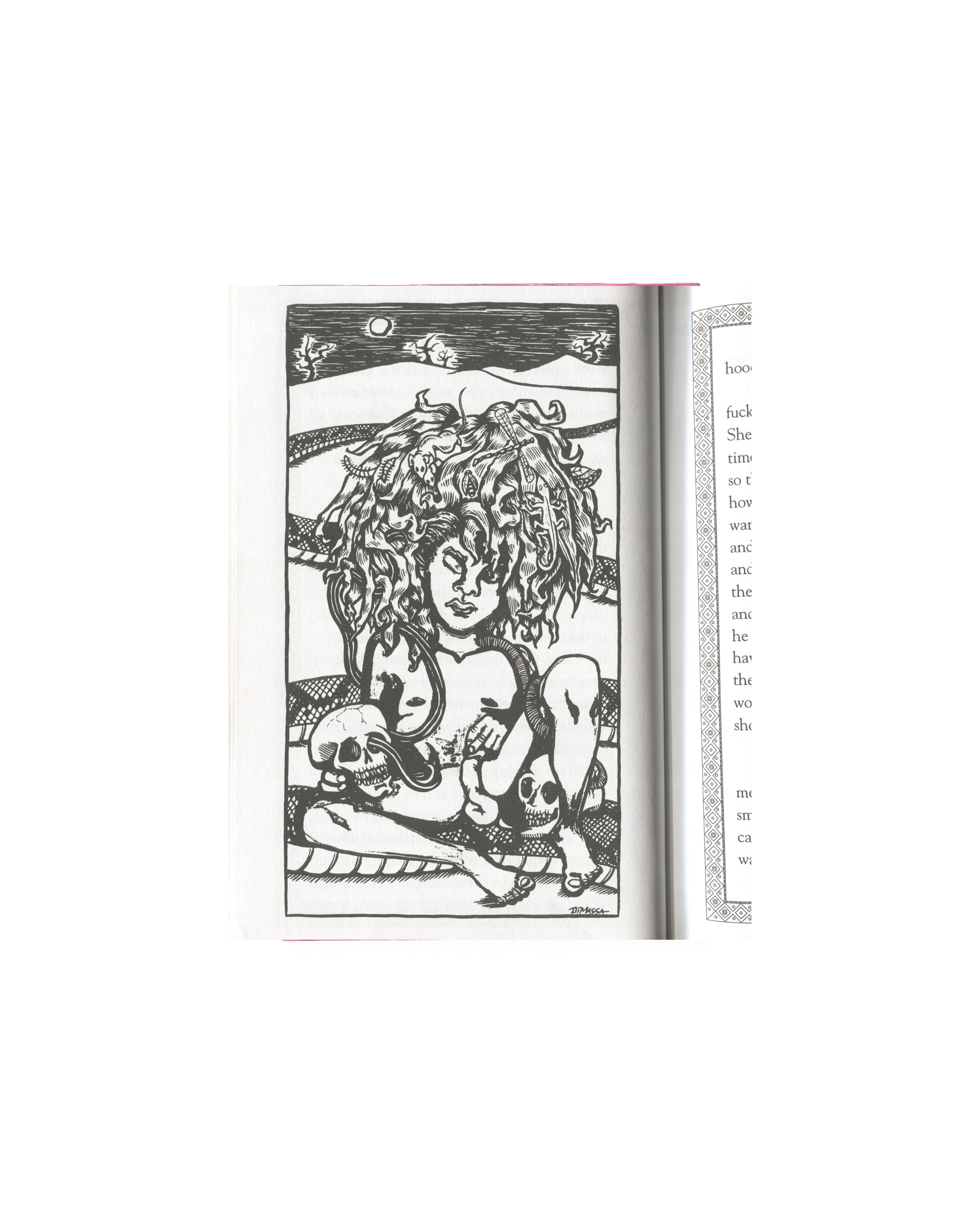 Kathy Acker — Pussycat Fever, AK Press, 1995 — interior spread. Left page: full-page black-and-white illustration by Diane DiMassa. A wild-haired nude figure seated cross-legged, holding a snake, surrounded by two skulls. Bold woodcut-style linework. Moon and landscape in background. Signed lower right: DiMassa. Right page: prose text in serif type with decorative border.