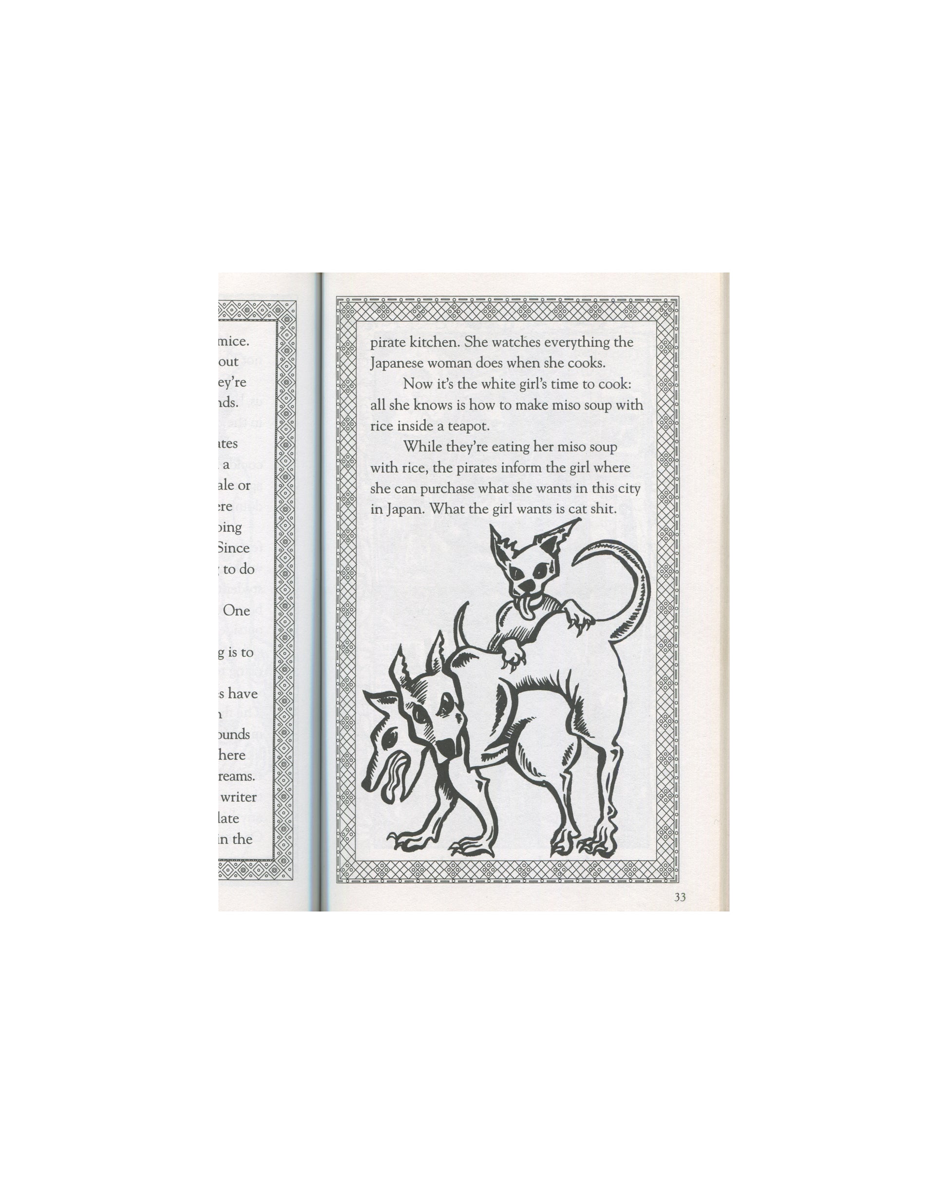 Kathy Acker — Pussycat Fever, AK Press, 1995 — interior spread. Right page: black-and-white illustration of a cat mounted on a horned dog-like creature, both rendered in bold outline style within a decorative border. Text visible on left page: "pirate kitchen. She watches everything the Japanese woman does when she cooks." Page number 33 lower right.