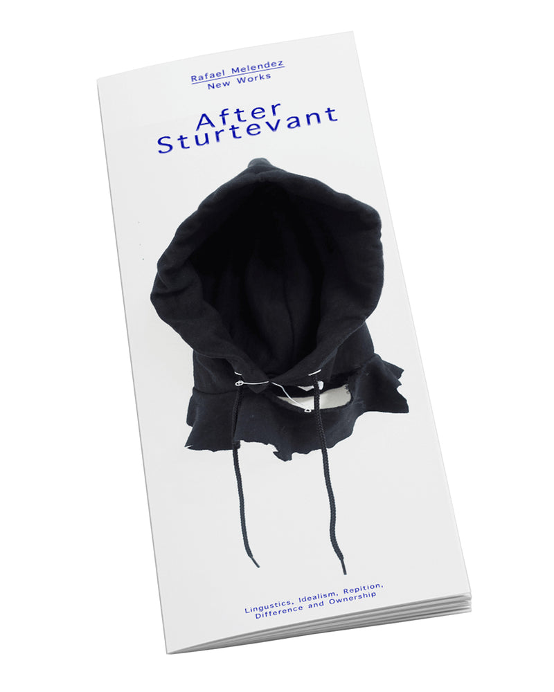Rafael Melendez, After Sturtevant, The Academy of Realness, 2022 — pamphlet cover; blue monospaced typography on white stock; black fabric sculpture centred; subtitle: Linguistics, Idealism, Repetition, Difference and Ownership