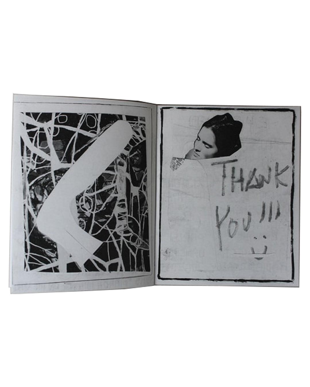 Catherine Holly, After the Pressure the Cock, 2014 — interior spread; left page shows abstract scratched gestural image; right page shows cropped female portrait with handwritten 'Thank You!!!' and drawn smiley face; black-and-white photocopy