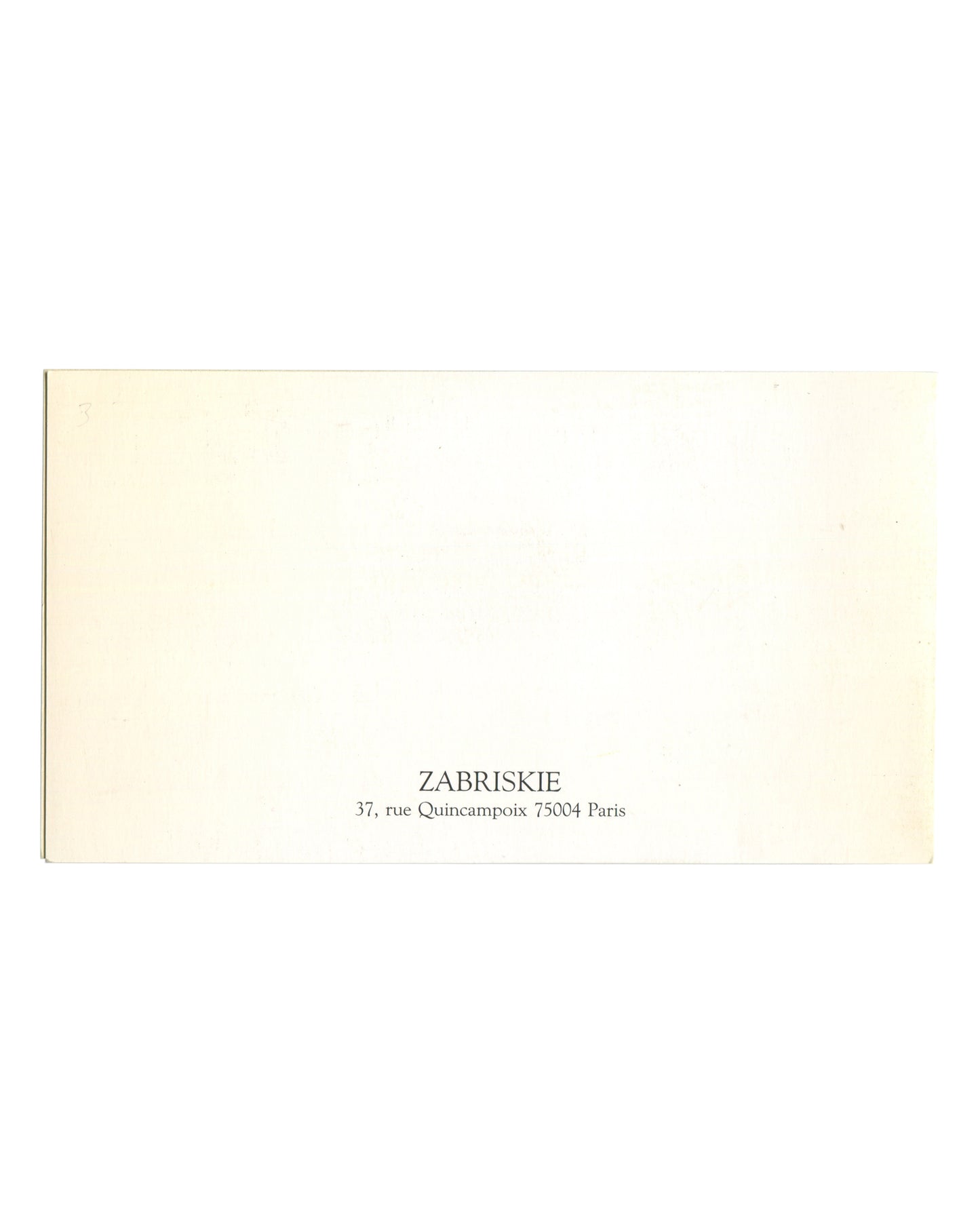 Reverse of 1990 Collages Surréalistes vernissage insert, Galerie Zabriskie — verso showing plain cream stock with centred imprint: ZABRISKIE / 37, rue Quincampoix 75004 Paris.