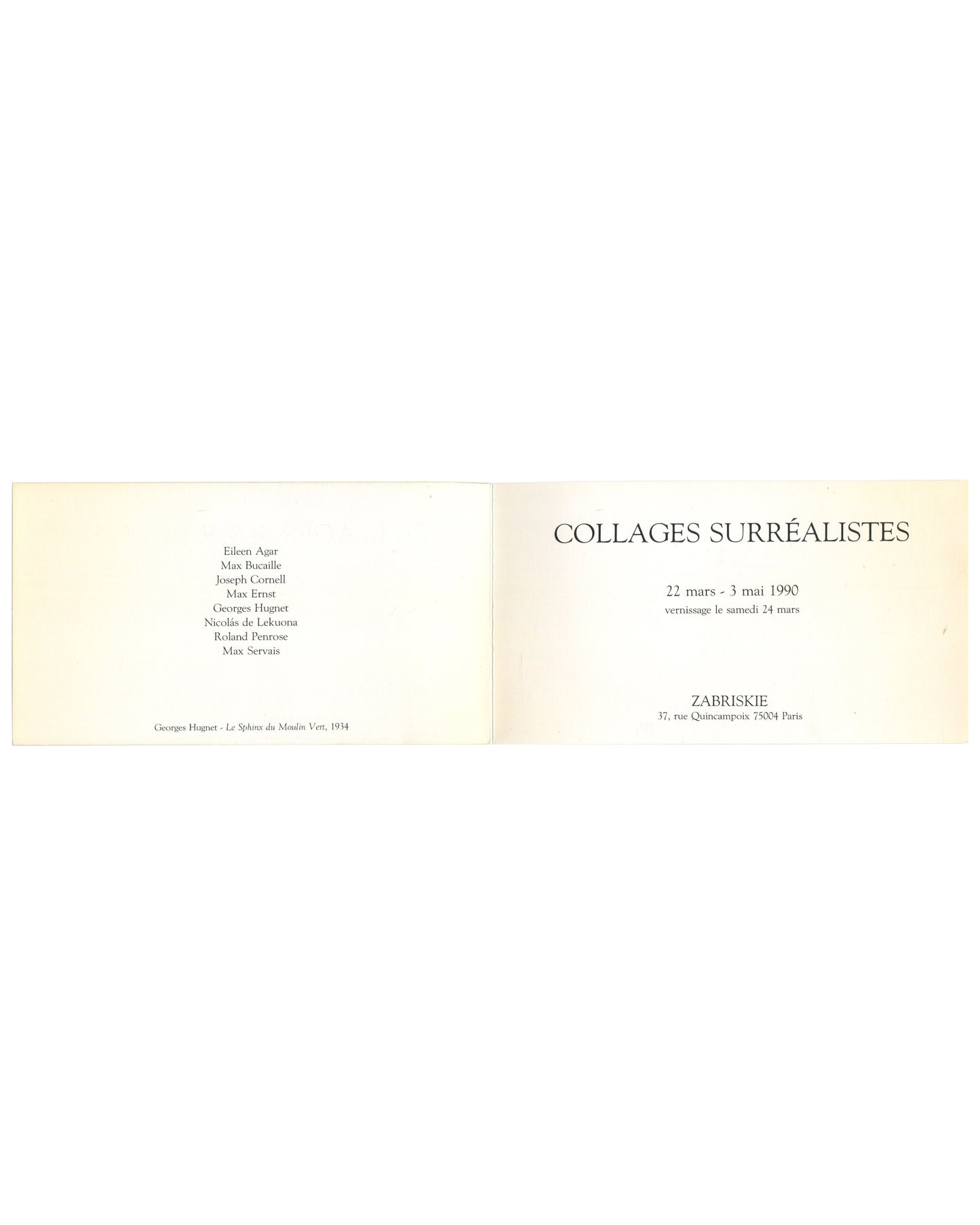 Reverse of 1990 Collages Surréalistes folded exhibition invitation, Galerie Zabriskie, Paris — back showing unprinted cream textured stock with light age toning and minor surface wear.