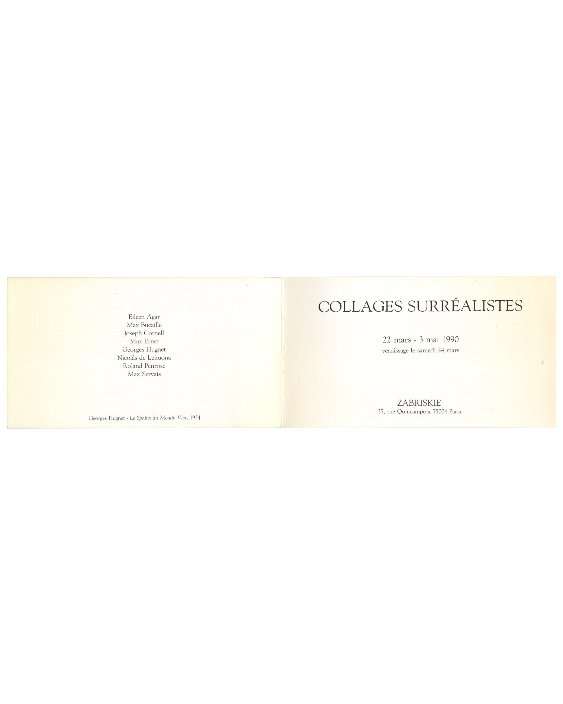 Reverse of 1990 Collages Surréalistes folded exhibition invitation, Galerie Zabriskie, Paris — back showing unprinted cream textured stock with light age toning and minor surface wear.
