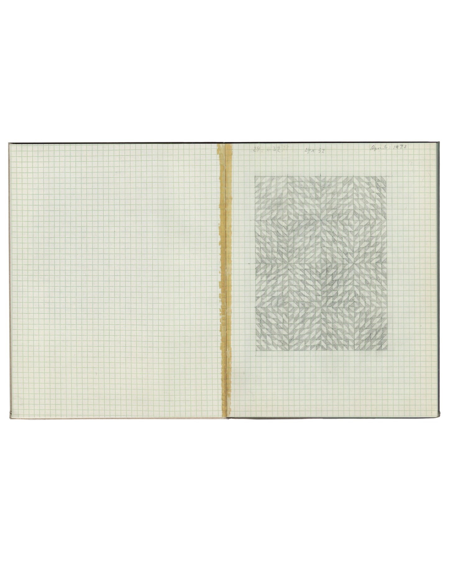 An open Anni Albers artist book on a plain white background, showing graph paper pages with a vertical gold binding strip and a square printed pattern on the right page.