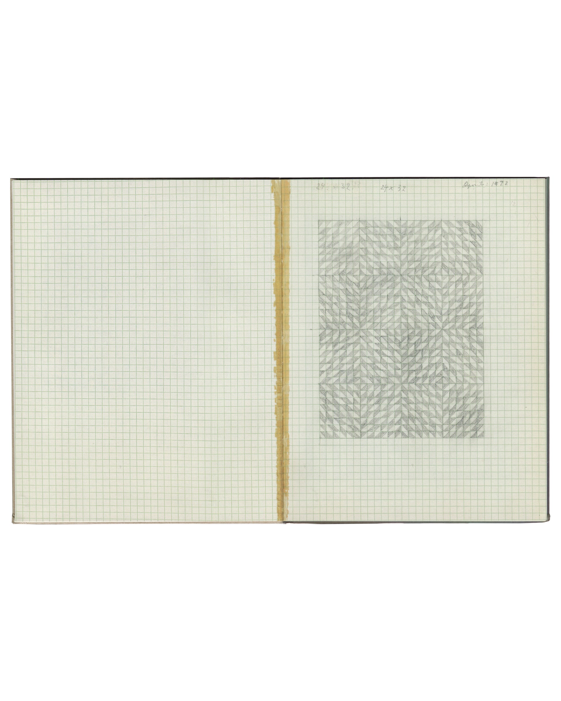 An open Anni Albers artist book on a plain white background, showing graph paper pages with a vertical gold binding strip and a square printed pattern on the right page.